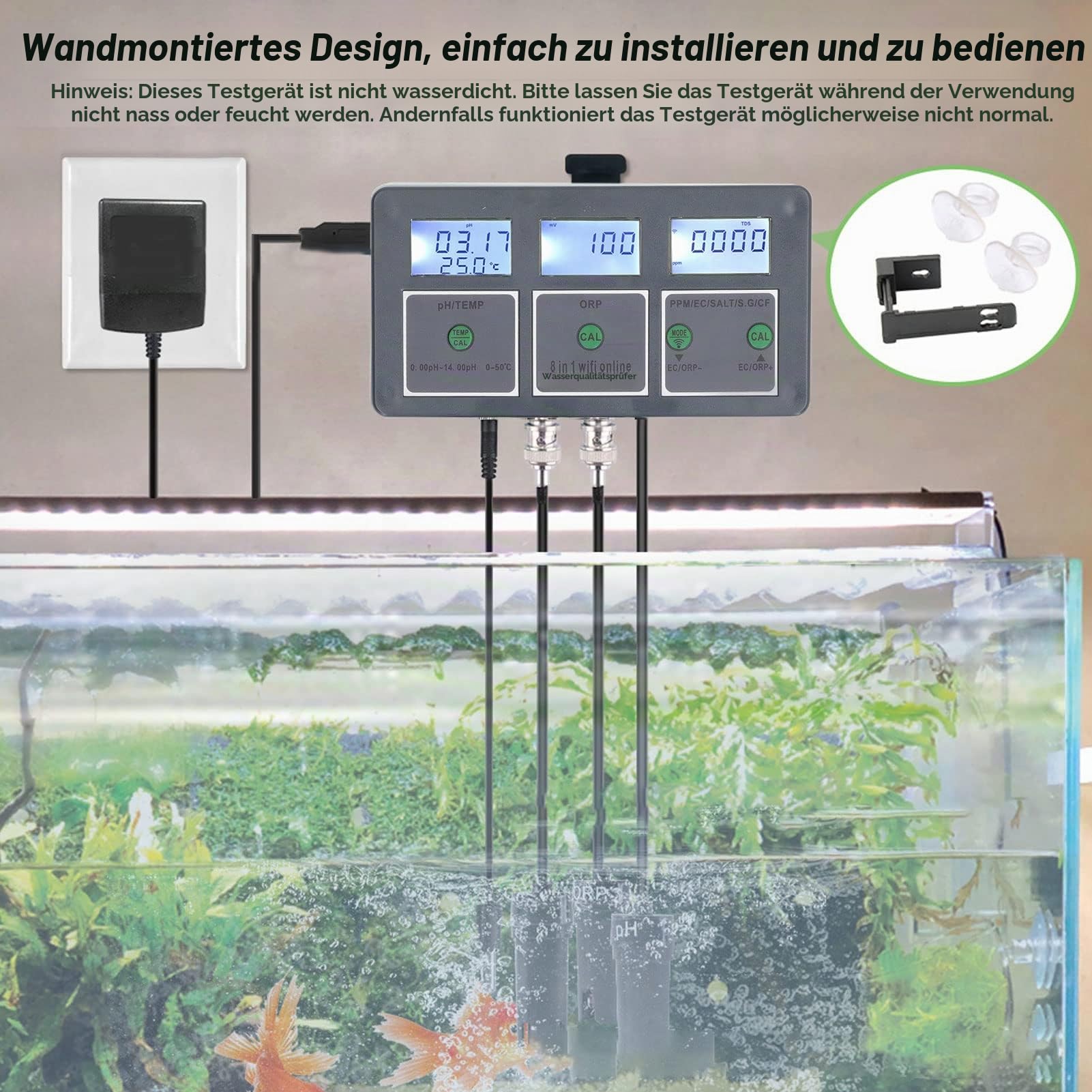 Mehrparameter-Wasser Qualitäts Tester, PH-Messgerät S.G PH EC SALT ORP TDS CF TEMP 8 in 1 Wiederauf Ladbare Online-Überwachung für Aquarium