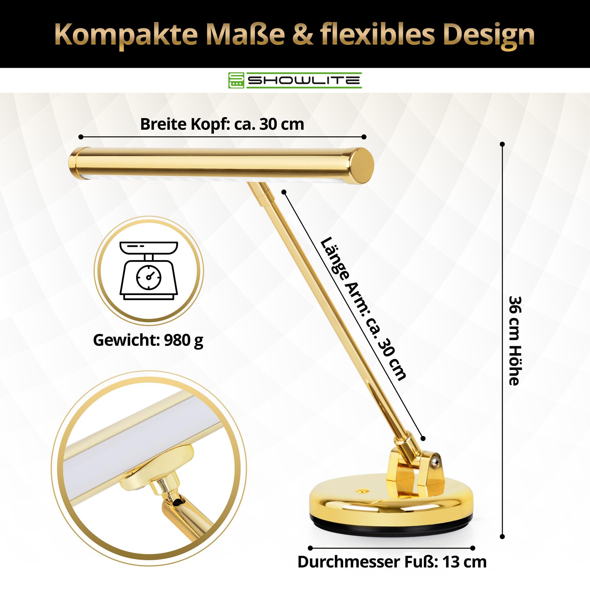 Showlite PL-1-GD-KW LED Lampada per Pianoforte - Lampada per pianoforte con 15 LED - luce bianco freddo a 2 livelli - altezza 36 cm - alimentazione via USB, rete o batteria - oro lucido