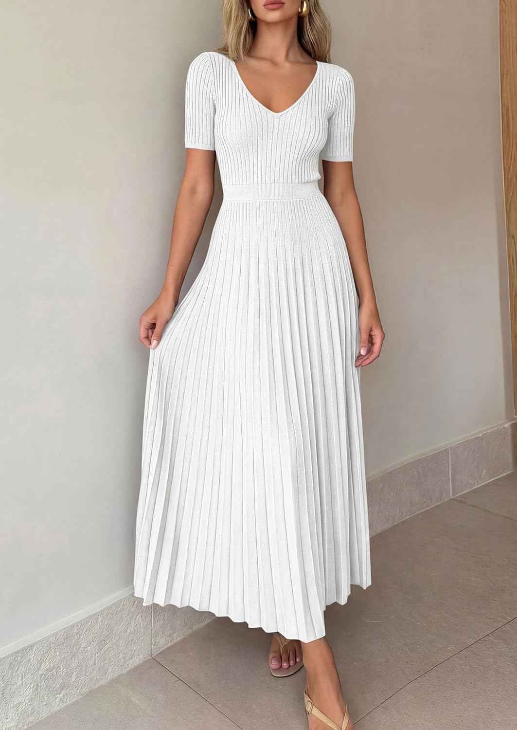 PRETTYGARDEN Women's 2026 Spring Midi Sweater Dresses Elegant Pleated Ribbed Knit Short Sleeve V Neck A Line Summer Outfits - Image 3