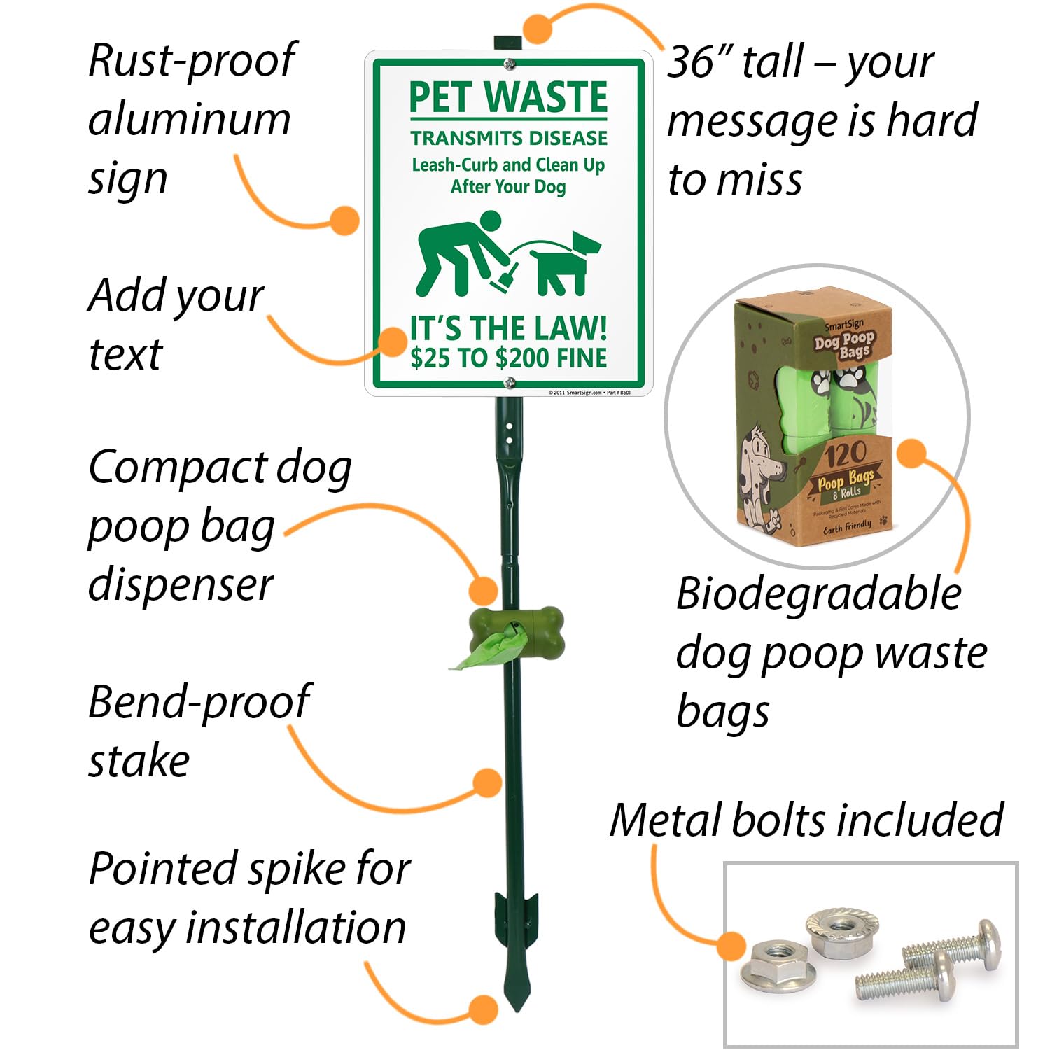 SmartSign Leash/Curb/Clean Up After Dog Fine $25 To $200 Yard Sign & Clip-On Preloaded Dispenser Combo/Kit with 135 Dog Poop Waste Bags, 10"x12" Rust-proof Aluminum Sign with 3ft Steel Stake