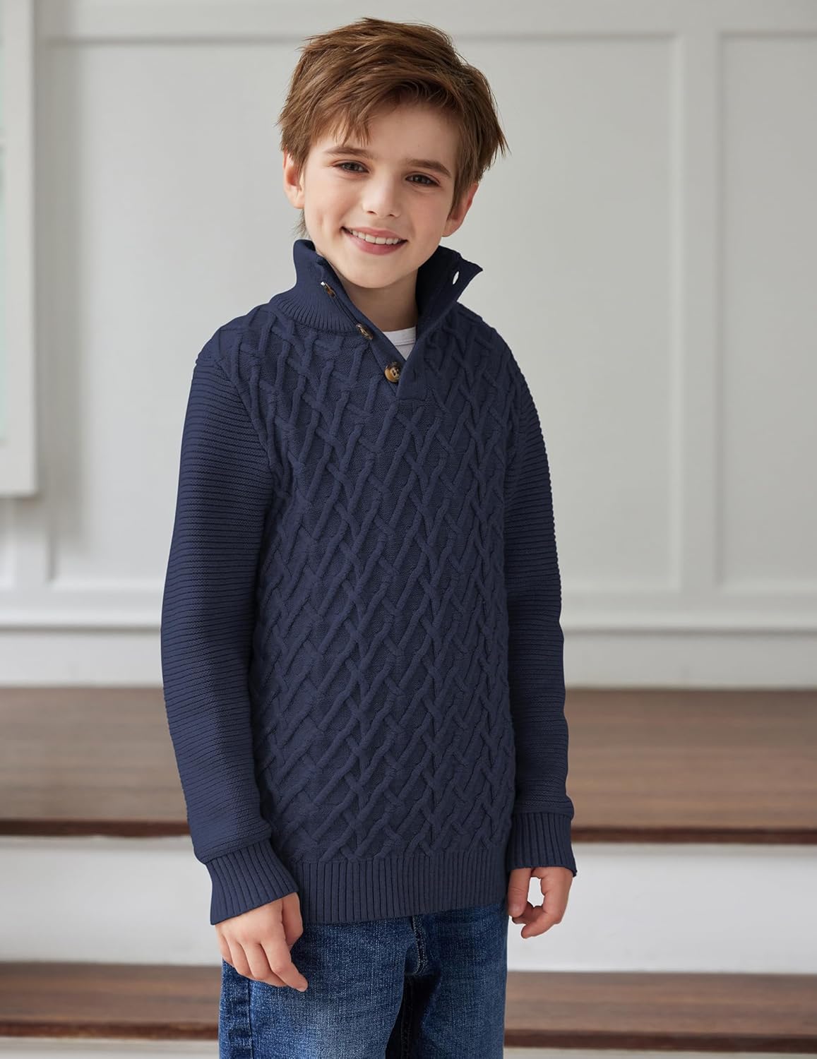 Boys Turtleneck Sweater Long Sleeve Cable Knit Button Up Pullover Winter Warm Tops for Kids 4-13 Years