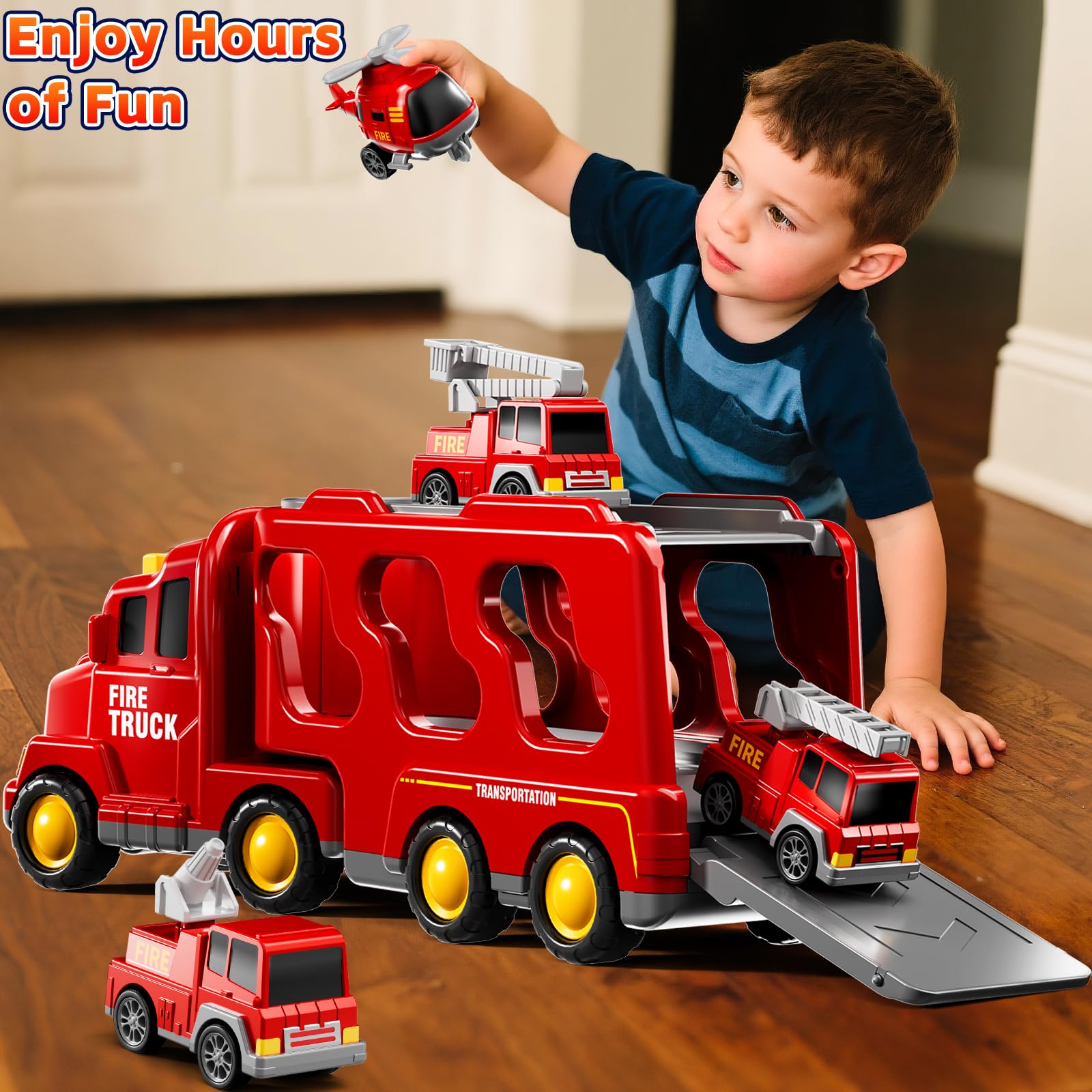 DULONIME Fire Truck Toys for Toddler 1-3 3-5, 5-in-1 Fire Car Carrier Vehicle Set for Girls 1 2 3 4 5 6 Years Old - Image 4