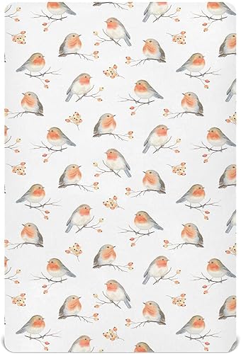 Sábanas para cuna de pájaros y bayas, sábanas ajustables elásticas para cuna para niños y niñas, sábana unisex acogedora para cuna de bebé, 27 x 39