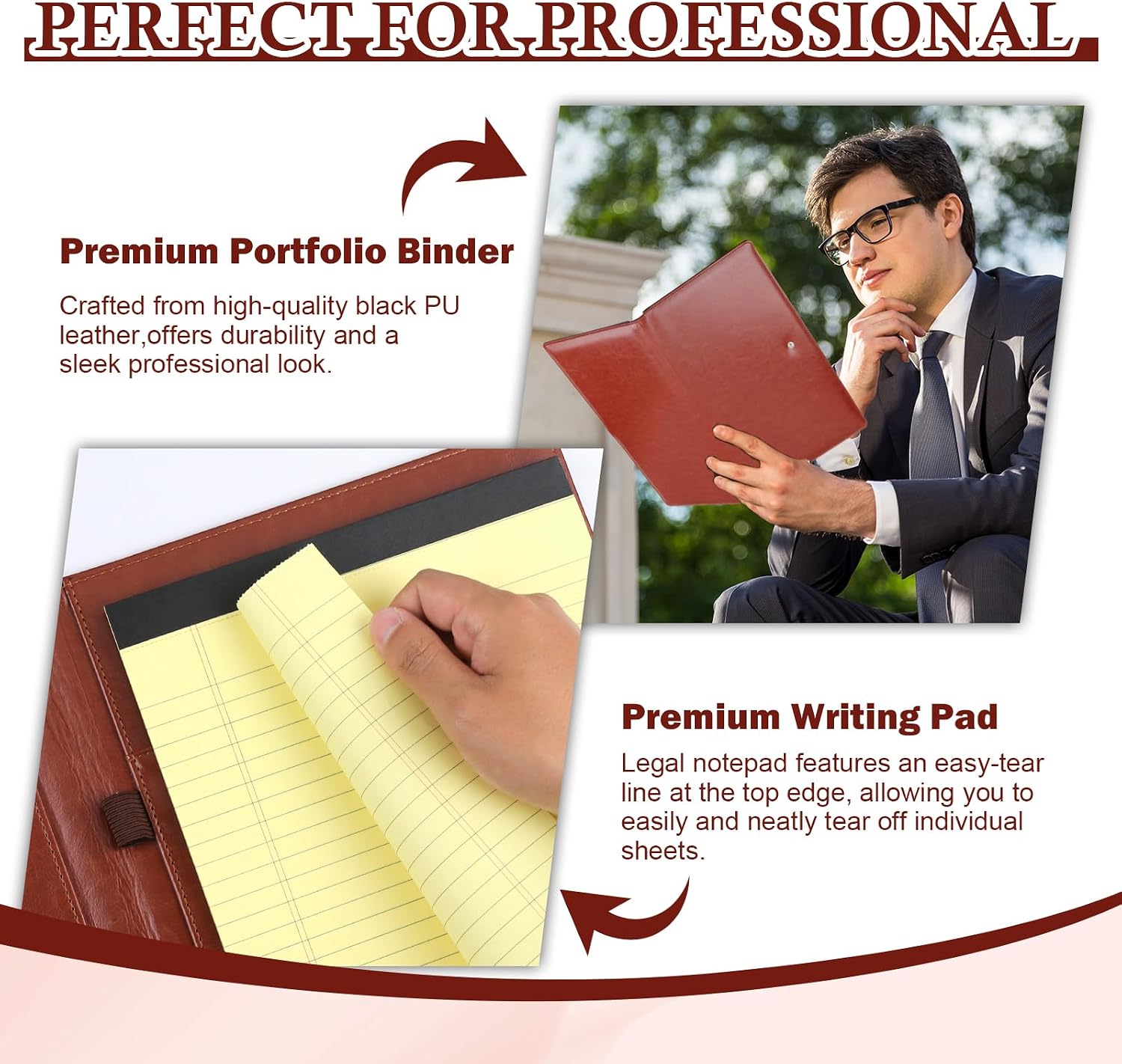 1Pack Legal Size Portfolio PU Leather with 8.5 x 14 inch Tearable Legal Pad Holder 50 Sheets Leather Portfolio Folder Binder for Interview Attorneys Business Brown