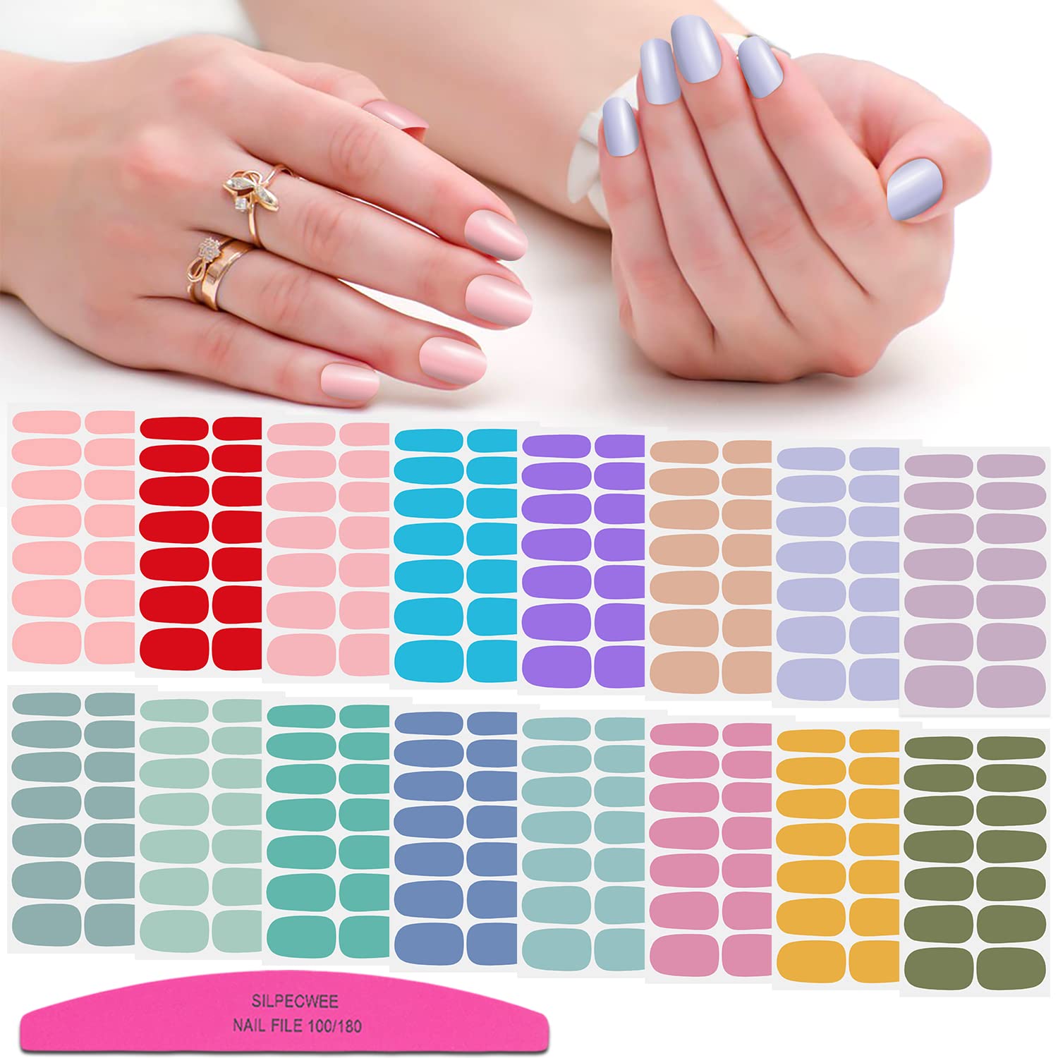 Photo 1 of SILPECWEE 224 Pieces 16 Sheets Nail Polish Strips Solid Color Adhesive Nail Stickers Full Nail Wraps for Women Gel Nails Strips Manicure Decals with File (Candy Color)