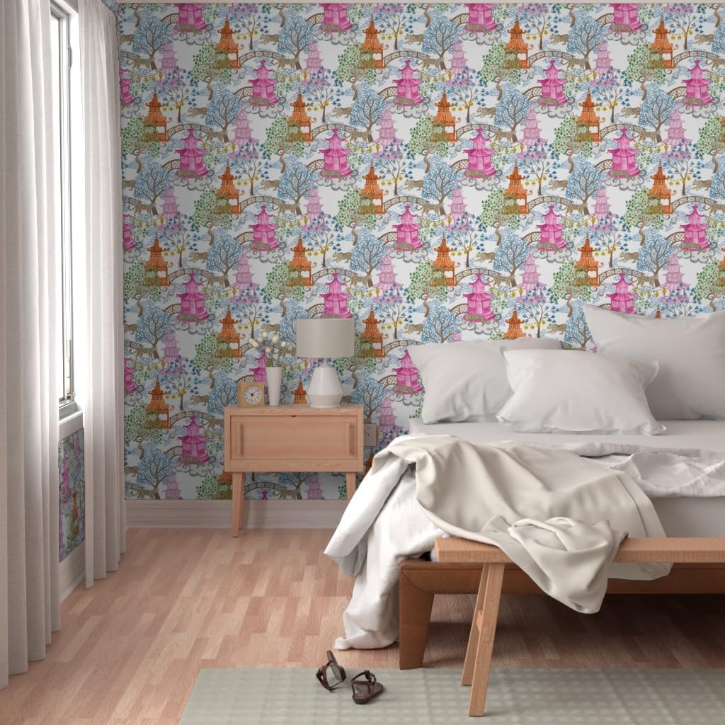 Spoonflower Peel & Stick Wallpaper 6ft x 2ft - Party Leopards Pagoda Forest Pink Rust Trees Landscape Chinoiserie Custom Removable Wallpaper