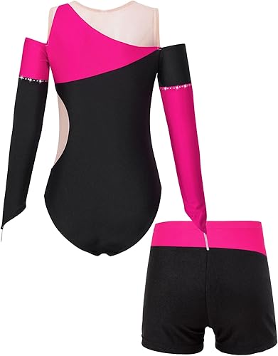 Miniatura 4 de Kids Girls Metallic Sequin Gymnastic Leotard Long Sleeve Bodysuit with Shorts Outfits Unitard Ballet Dancewear