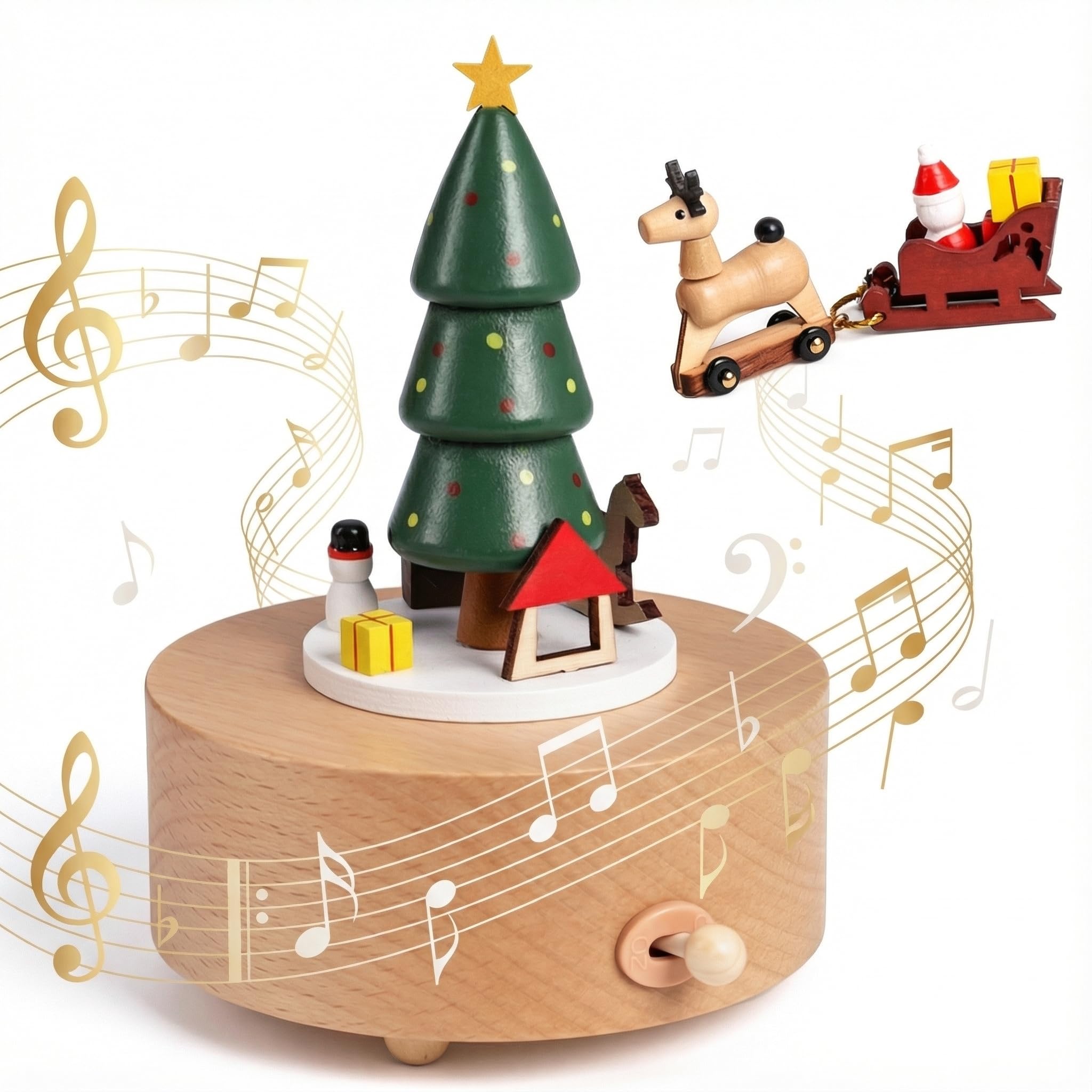 AMOR PRESENT Christmas Music Box – Wooden Tree Musical Decor, Wind-Up Desk Ornament, Plays “Merry Christmas”, Holiday Gift for Adults & Kids