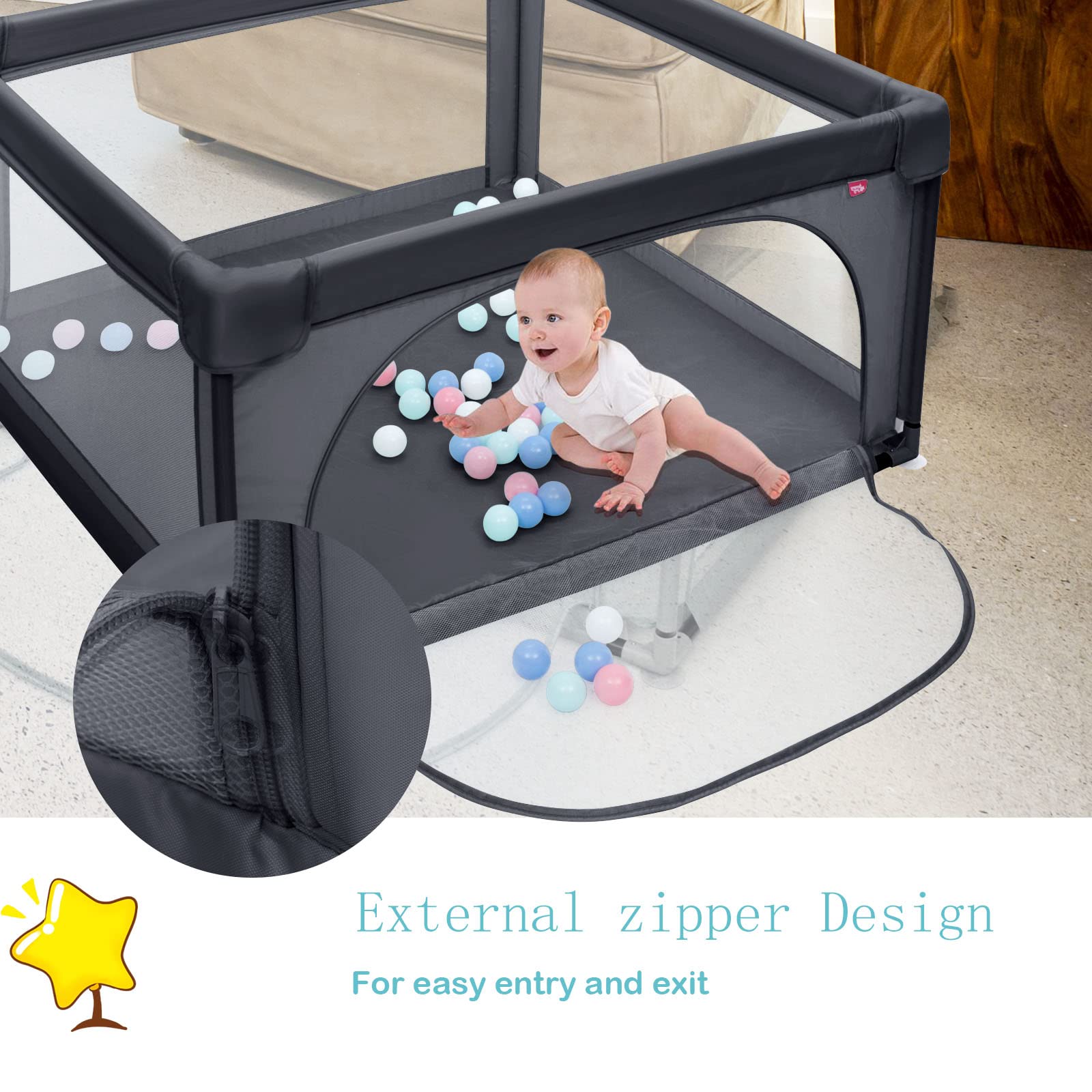 LIFEZEAL Corral con puerta corredera, área de juego de tela Oxford lavable, centro de actividades para bebés con 50 pelotas de juego 120x120x68CM (Gris oscuro)