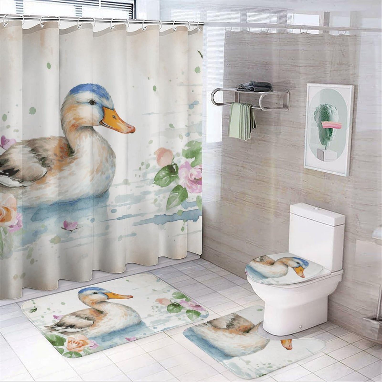 Rideau de douche anti-éclaboussures et tapis de bain antidérapant canard