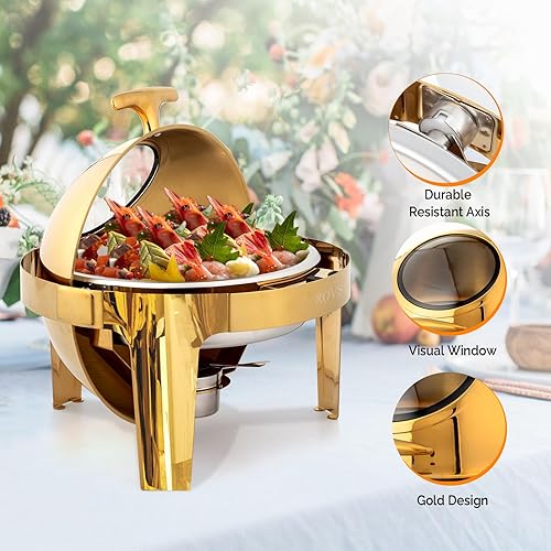 Miniatura 4 de ROVSUN Platos Calentadores de 6 QT para Buffet, Juego de Plato Calentador con Tapa Enrollable, Calentadores de Buffet de Acero Inoxidable y Juegos