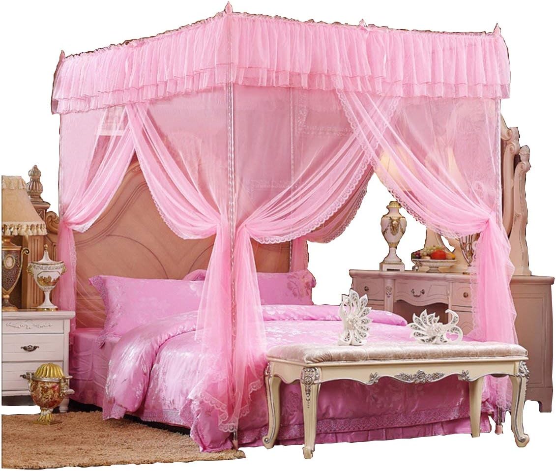 Pink Lace Luxury 4 Post Bed Canopy Mosquito Net (Full/Queen)