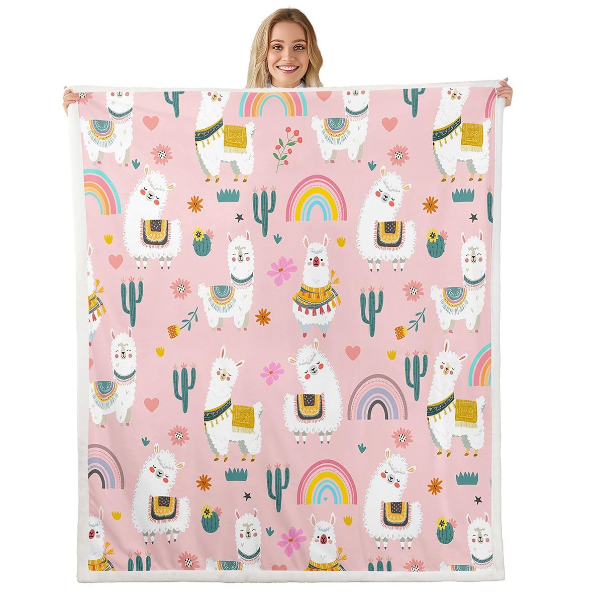 Homewish Różowy boho lama koc polarowy Twin 152 x 203 cm uroczy sukulent ciepły pluszowy koc szerpa kreskówka zwierzę puszysty pluszowy narzuta boho stylowy do salonu sypialni biura
