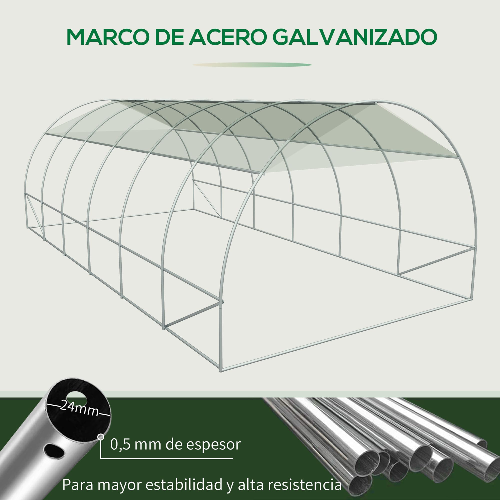 Outsunny Serra tunnel con porta arrotolabile 6x3x2 m Bianca | Con porta arrotolabile, 12 finestre, copertura PE 140 g/m², metallo zincato, per colture, piante, verdure