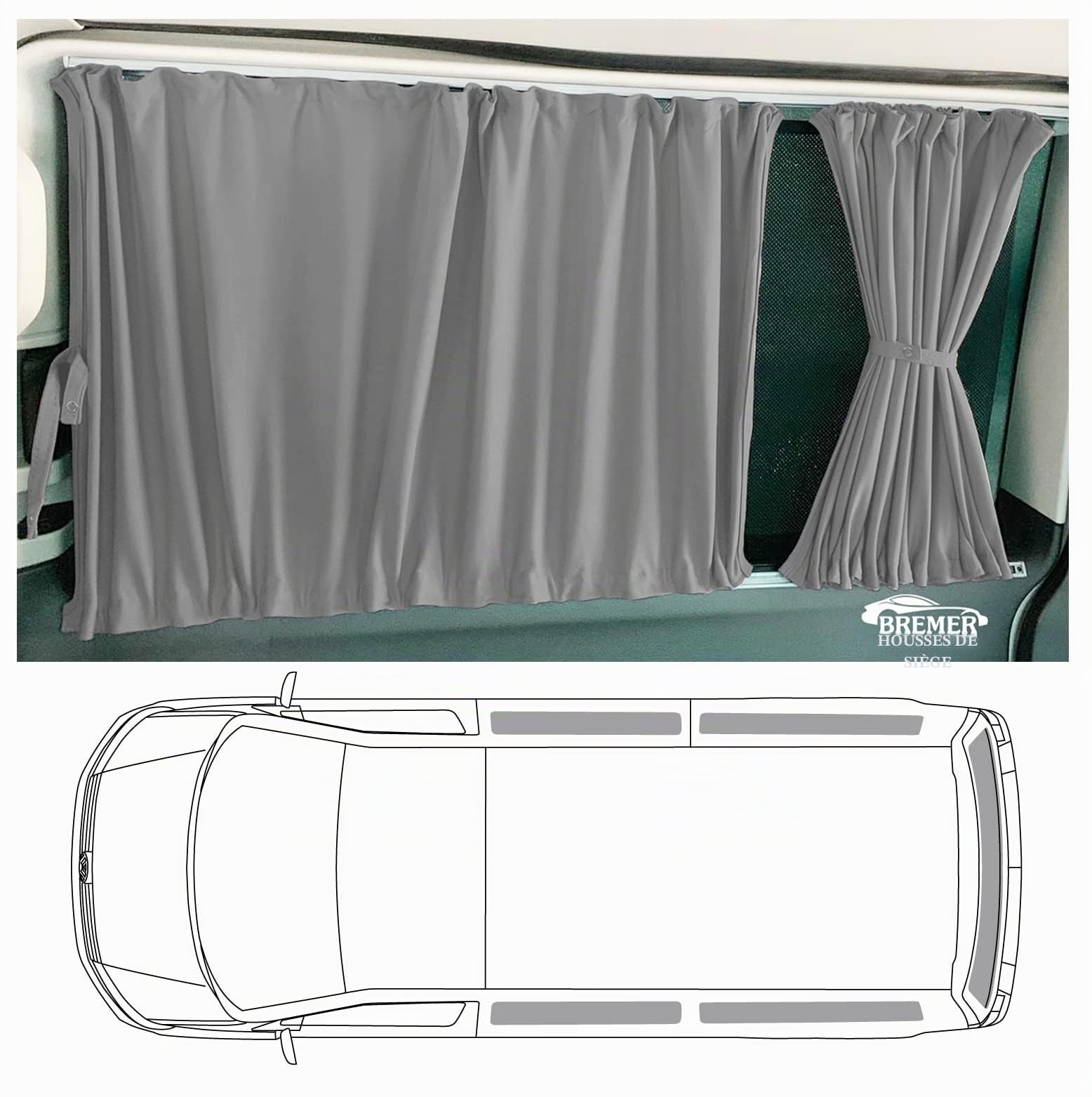 BREMER SITZBEZÜGE Rideaux sur Mesure - Protection Solaire - Compatible avec VW T4 Transporter Caravelle - Empattement Long avec hayon ou Portes battantes - Gris - Accessoires de Camping - Accessoires