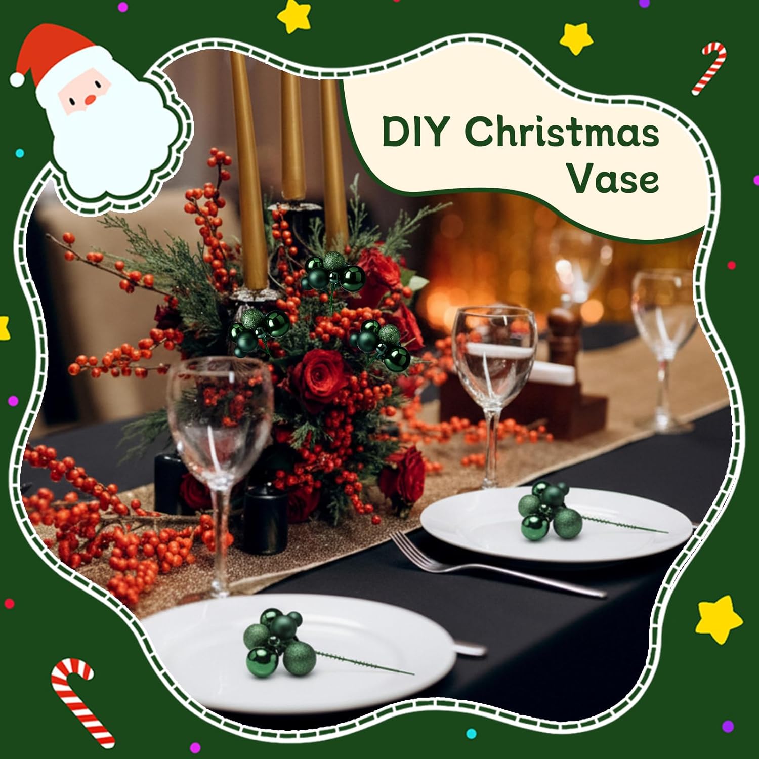 8 Pcs Dark Green Christmas Tree Picks 7.87 Inch Christmas Balls Ornaments Xmas Hanging Decorations for Xmas Tree Topper DIY Wreath Holiday Floral Vase Fillers Crafts Home Decor