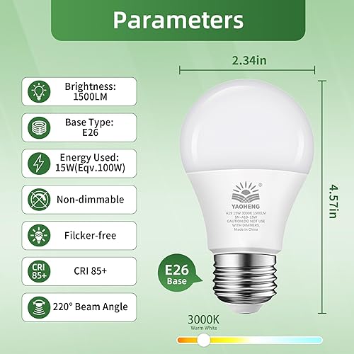 Miniatura 2 de YAOHENG Bombillas LED A19 equivalentes a 100 W, 1500 lúmenes, luz blanca diurna 5000 K, bombillas A19 de base estándar E26, no regulables de 15 W de