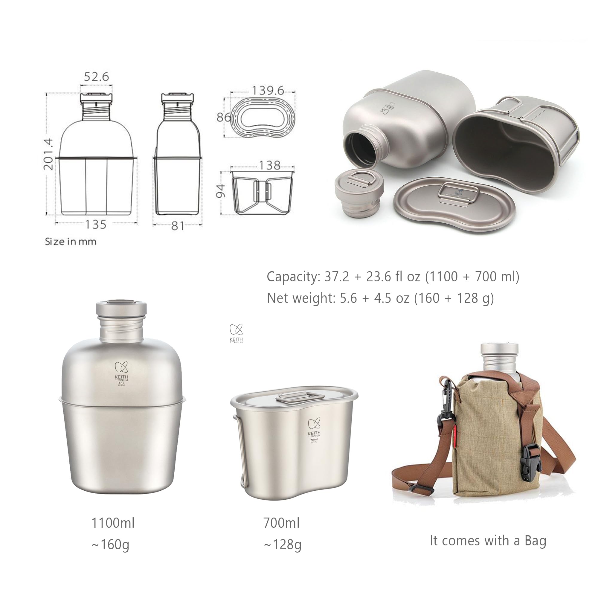 Keith Titanium Ti3060 Canteen Kit de mesure militaire pour bouteille d'eau avec tasse portable double usage