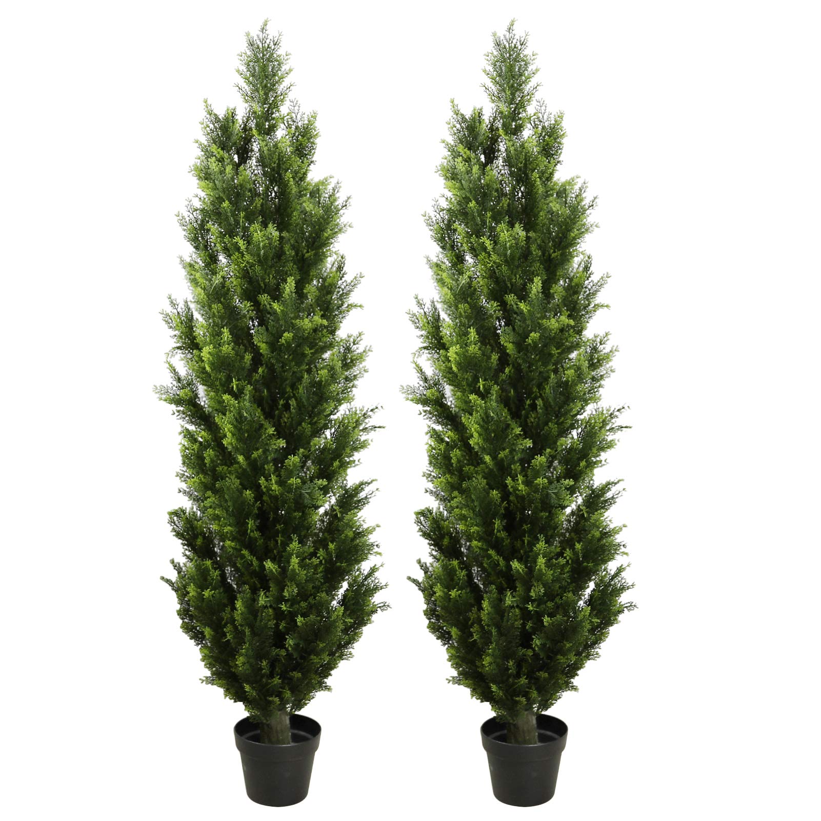 THE BLOOM TIMES 2 Pack Topiary Trees Artificial Outdoor Cedar Pine Fake Trees Potted UV Rated for Front Porch Faux Plants Indoor Decor (5 feet, Green)