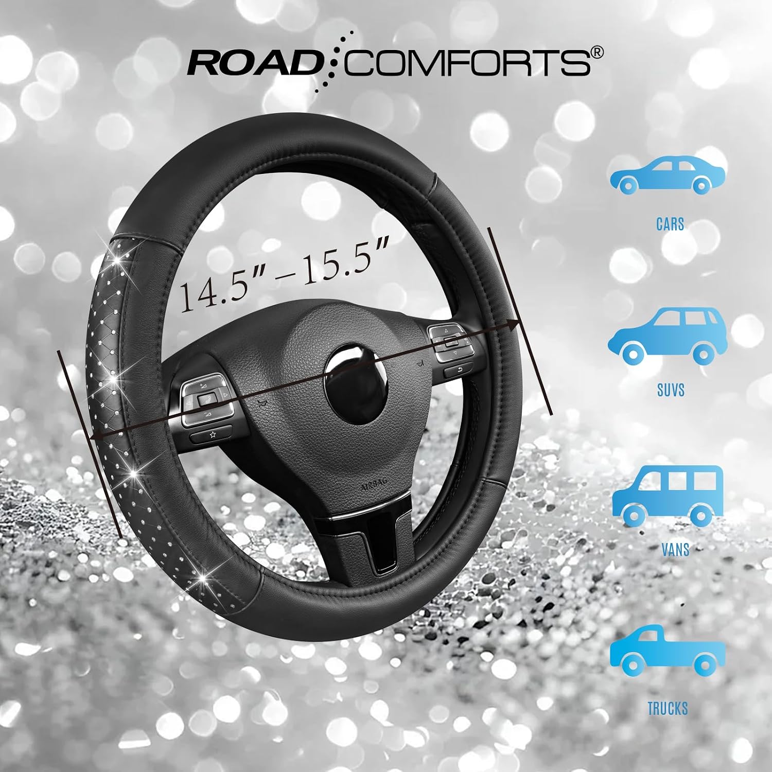 Road Comforts Bling Steering Wheel Cover for Women Girls, Sparkly Rhinestone Leather, Diamond Car Accessories, Anti-Slip Thick Soft Grip, Universal 14.5–15 Inch, for Her