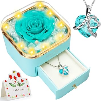 Lebana Preserved Light Blue Real Rose with Heart Necklace for Mom Her Women Wife Girlfriend Grandma Gifts Idea on Christmas Valentines Mothers Day Christmas Anniversary Romantic-Light Blue