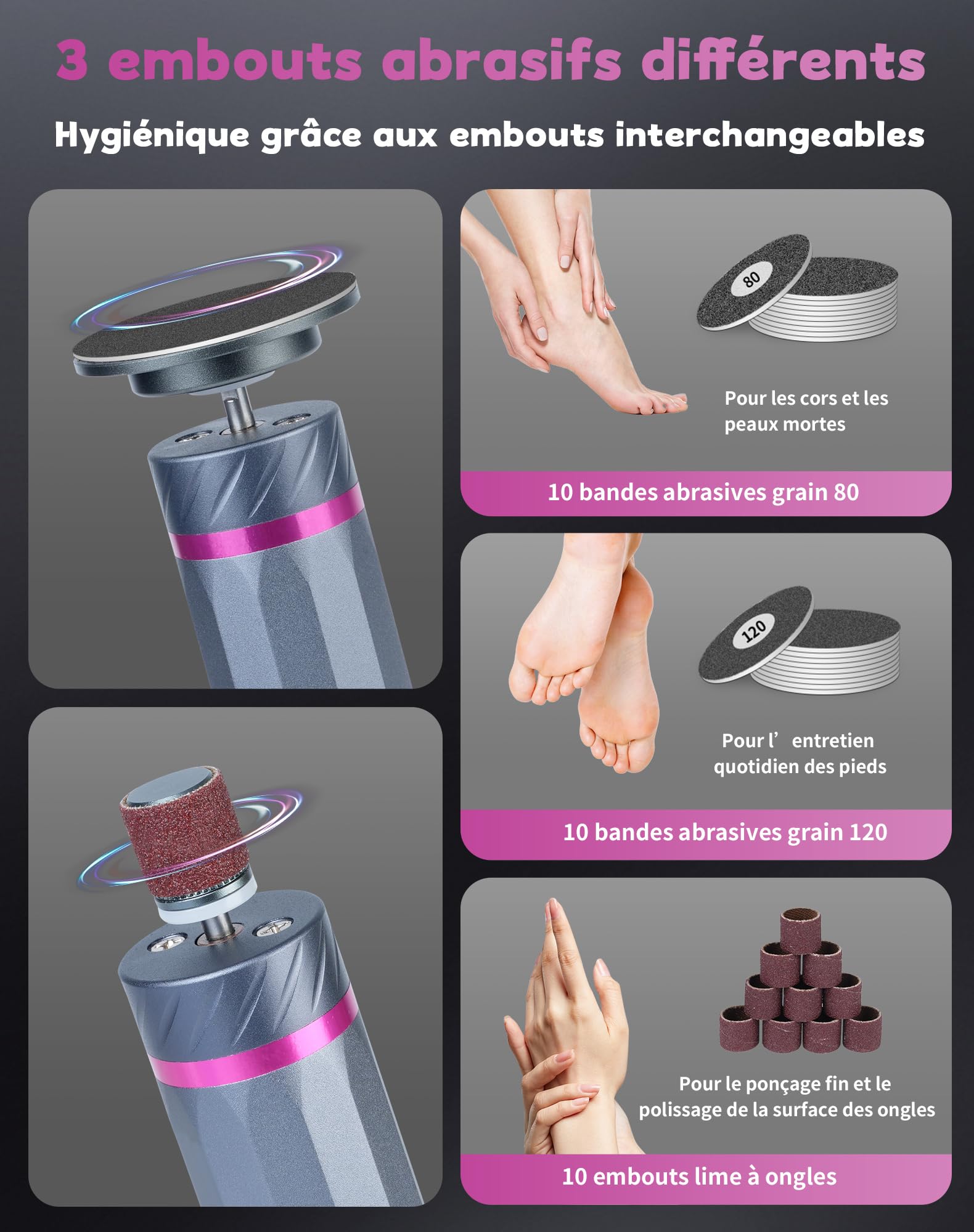 5 en 1 Rapeuse Pieds Électrique Ponceuse Pieds Electrique Râpe Pied Pédicure Rappe Pieds Lime HoneyGlow 9 vitesses réglables 4500tr/min Rechargeable 2000Mah Anti-Callosités(Gris)