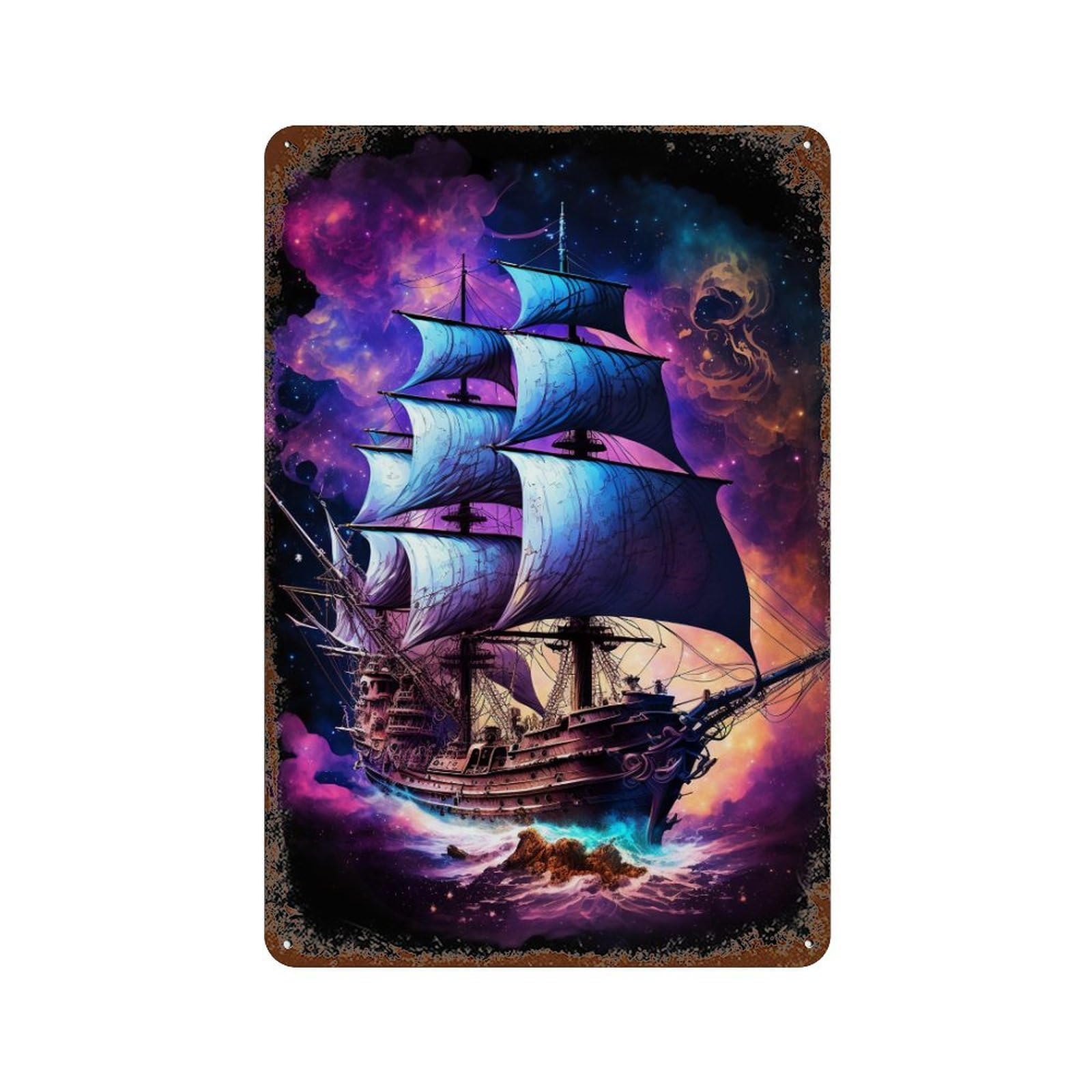 Fantasy Sailing Ship Artwork Aged Metal Wall Plaque 11.8"x7.9", for Shed, Workshop And Garage Wall Decor, Old School Wall Decor