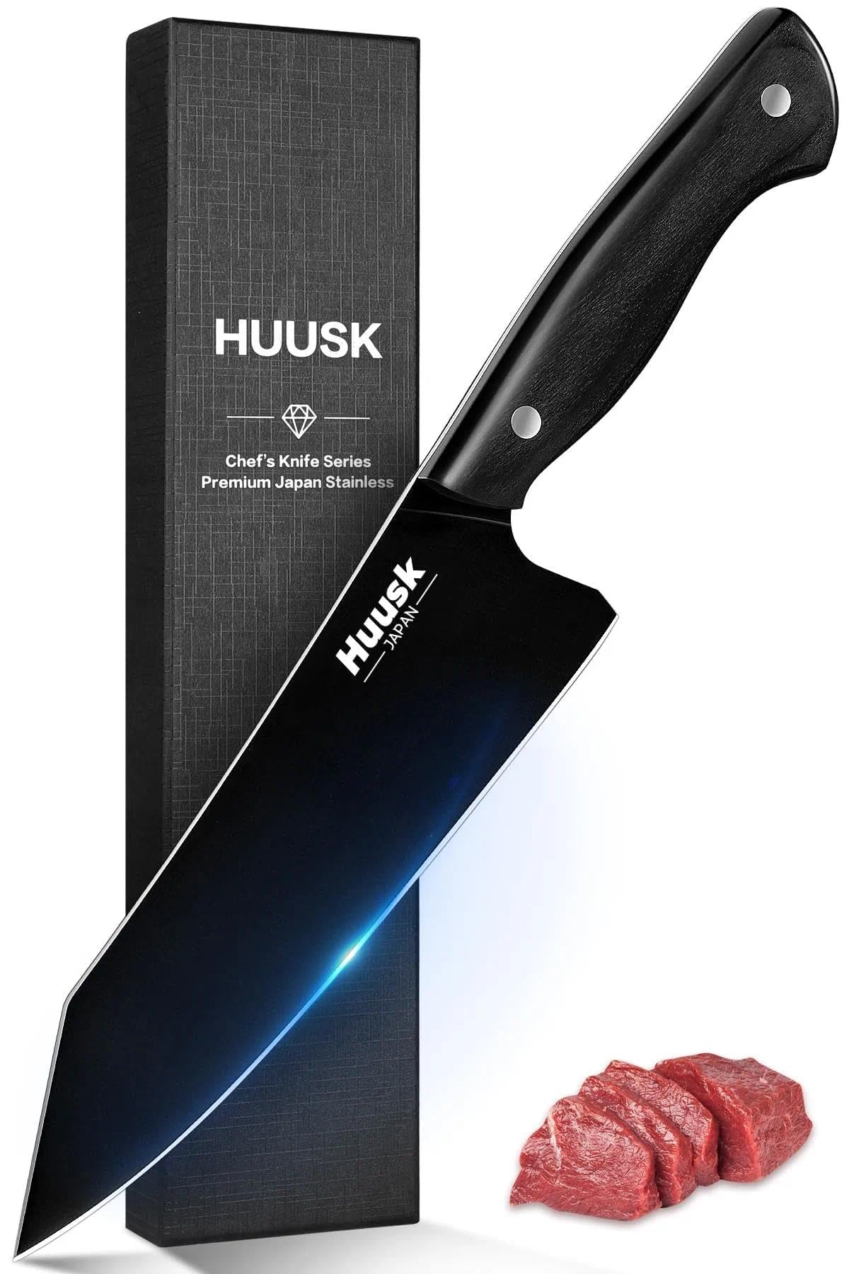 Huusk Japanese Chef Knife for Kitchen - 7" Kirisuke Knife with Black Titanium Coating, Stainless Kitchen Cooking Knifes for Vegetable & Meat Cutting, Ultra Sharp Sushi Knives, Men's Christmas Gifts