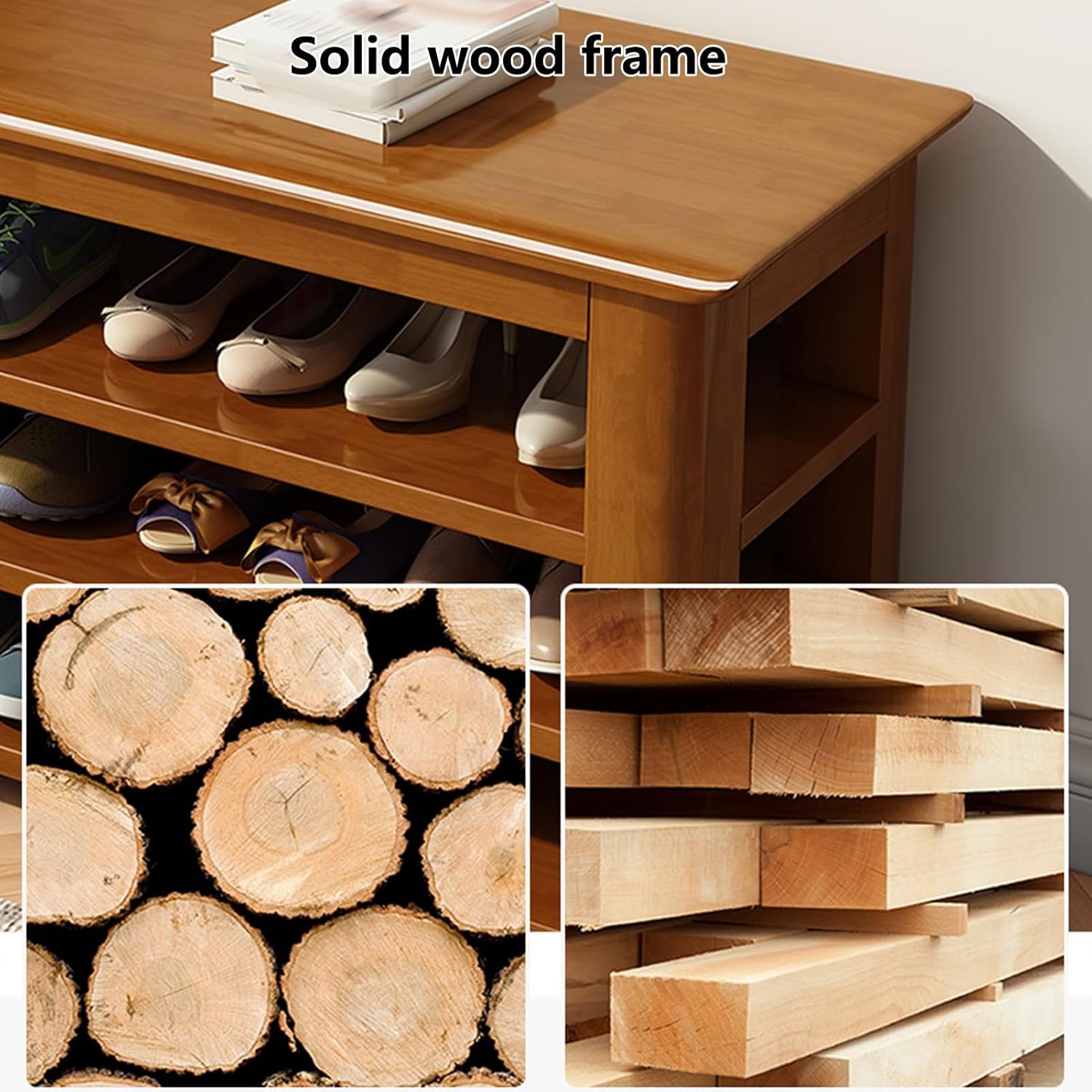 Shoe Bench, Shoe Rack Bench with Adjustable Shelf, Entryway Shoe Storage Bench with Seat and Storage, 2/3-Tier Wooden Shoe Shelf for Bedroom Balcony Entrance(Natural,32x12x21/80x30x54cm)