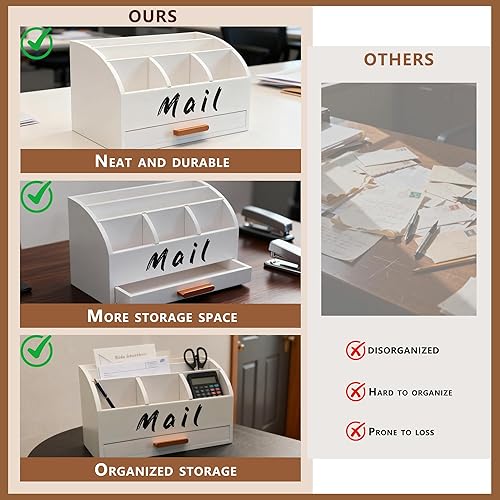Miniatura 4 de GOPRETY Organizador de correo para escritorio, soporte para billetes de encimera con almacenamiento de archivos, escritorio de madera con cajones,