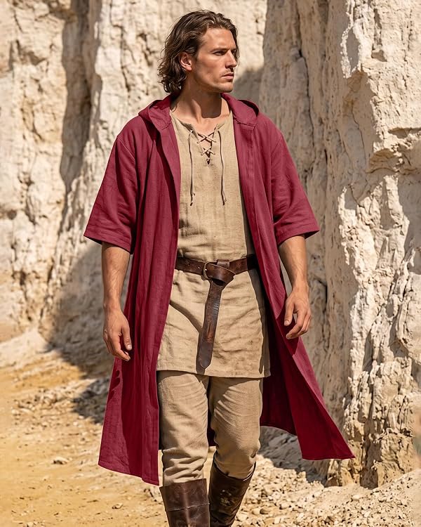 L'VOW Men's Medieval Hooded Surcoat Renaissance Tabard Tunic, Red-L by L'VOW - Used condition - Image 8