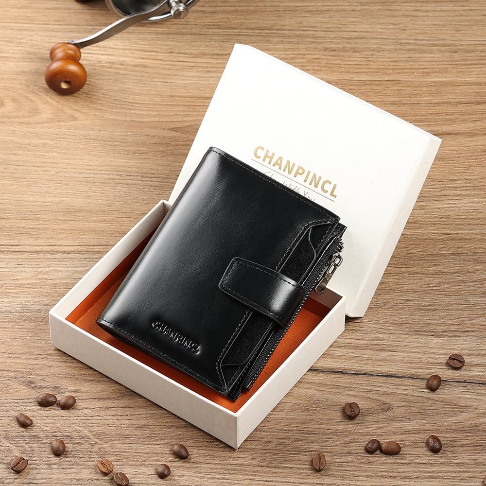mens buckle, zipper, leather wallet, detachable card, large capacity, multi-functional coin pocket (Oil wax black)