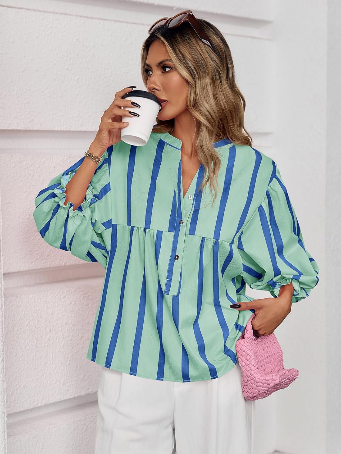 Tankaneo Womens Puff Sleeve Babydoll Tops Summer V Neck Striped Blouse Cute Casual Loose Fit Flowy Shirts - Image 6