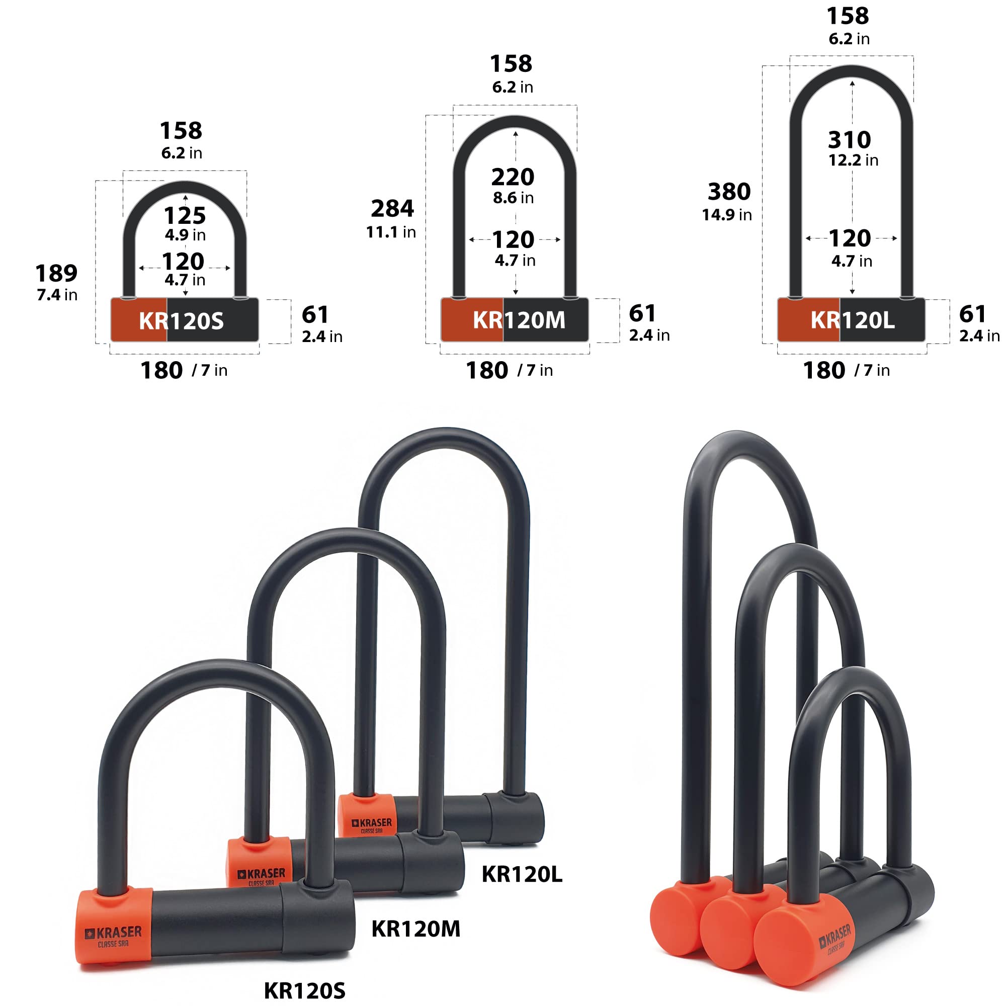 KRASER KR120S Robusto Candado Moto U Bloqueo Cepo Rueda, Homologado SRA, Alta Seguridad Testada, Arco 120x125mm ø18mm Doble Cierre, Cerradura Antiganzua, Antirrobo U Lock para Scooter, Bici Eléctrica