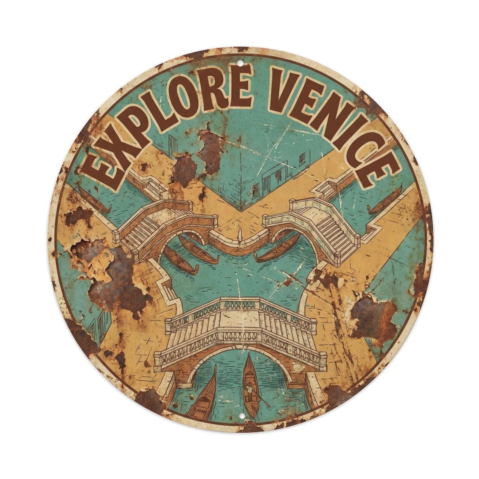 Vintage Venice Canal Gondola Italian Lagoon Travel Guide Metal Tin Sign Plaque Wall Decor for Cafe, Man Cave, Club Bar, Office, Home Garden Round Metal Poster 8x8Inch