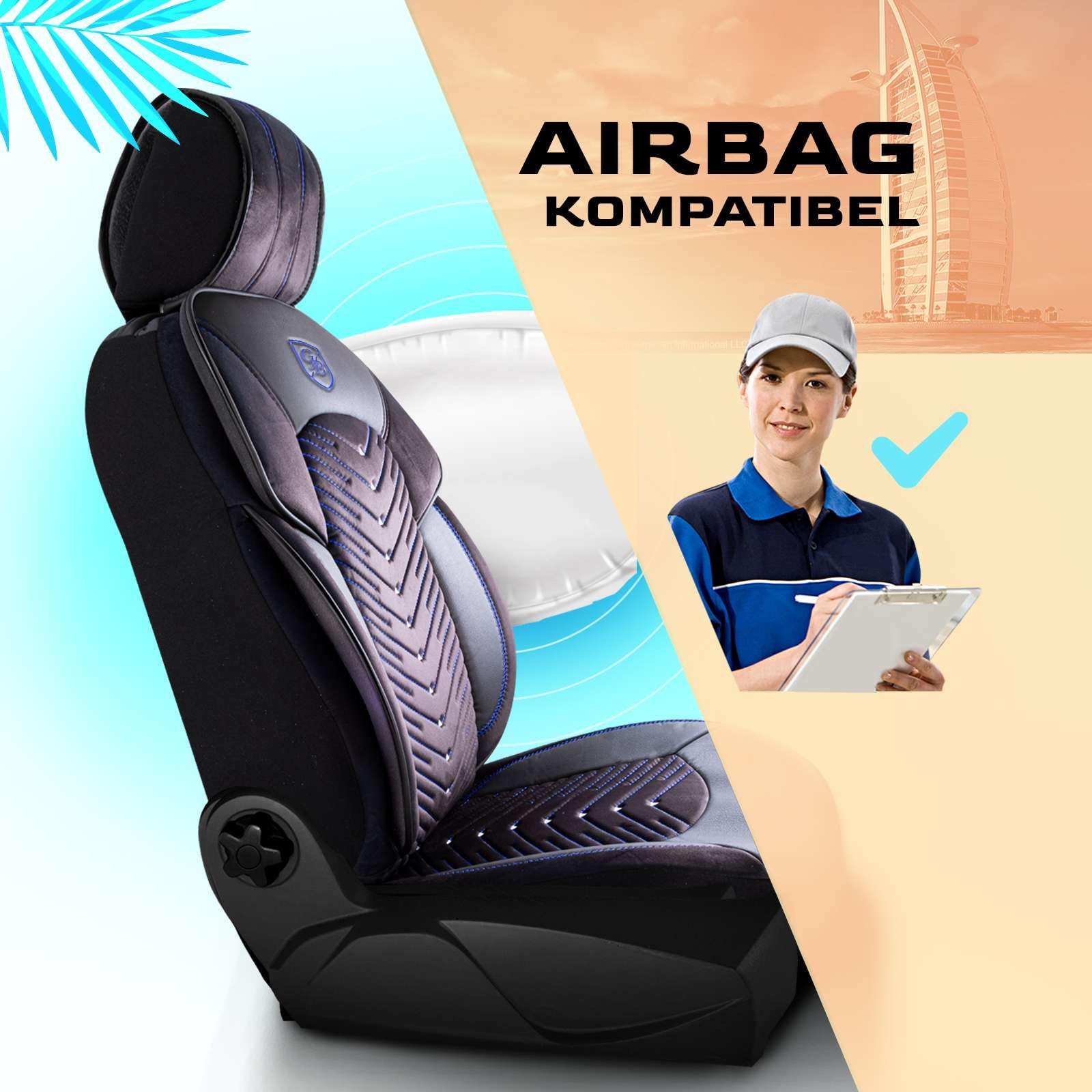 Autositzbezüge Universal für PKW & SUV – Premium Vordersitze Auto Sitzbezug aus Samt, Schwarz-Blau, Airbag-Kompatibel Sitzauflage, Autoschonbezug, Vordersitz-Set inkl. Montageset