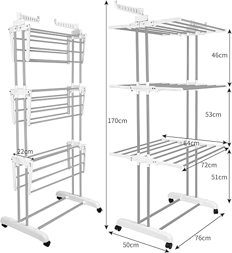 Miniatura 4 de Bigzzia Tendedero plegable de acero inoxidable para interiores y exteriores, ahorro de espacio, 4 niveles con dos alas laterales, color gris y blanco