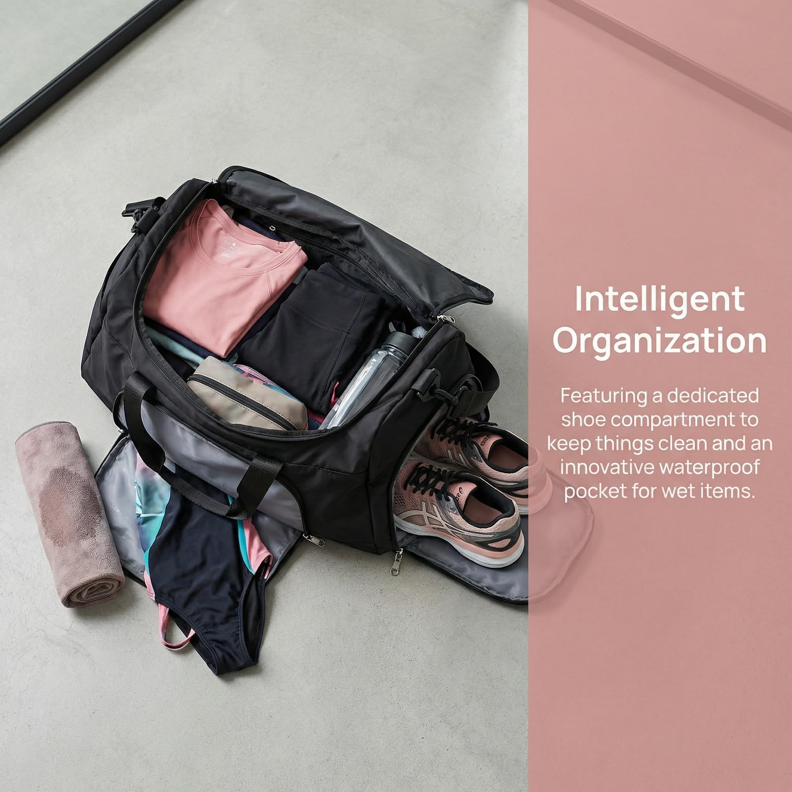 Sac de Sport Imperméable 36-55L 51x28x25cm avec Compartiments Chaussures et Poche Humide Duffel Gym Bag Rose