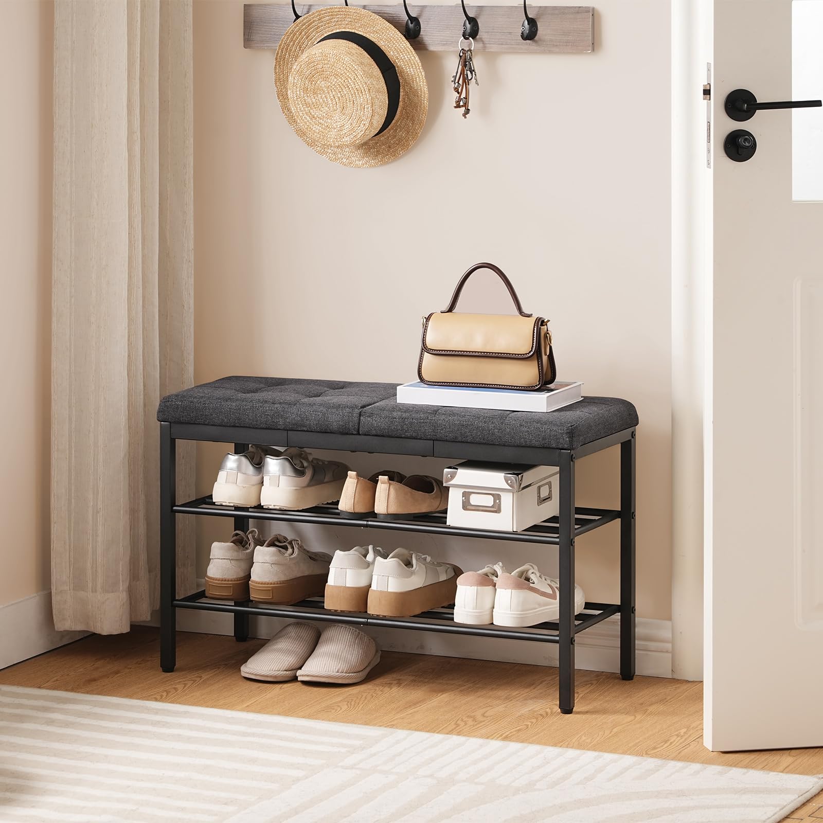 HOOBRO Banco Zapatero, Banco Almacenaje para Zapatos, Mueble de Entrada con Cojín Acolchado, Extremo de Cama, Ahorra Espacio, para Salón, Balcón, Dormitorio, Oficina, Gris y Negro EBGZ95HX01
