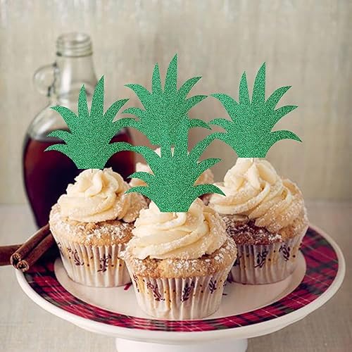 Miniatura 6 de Confetti! Decoración para cupcakes de hojas de piña, paquete de 36 palillos de hojas de piña verdes con purpurina para verano, temática tropical,