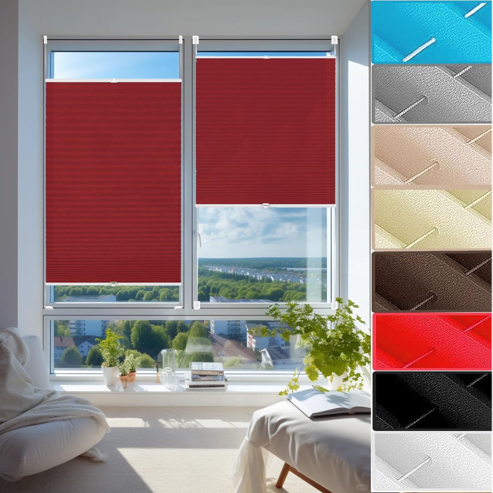 No Drill Blinds Temporary Window Blinds 65 x 140 cm (W x H), No Tool No Drill Shades Top-Down Bottom-Up, Venetian Blind Privacy Screen, Blackout Pleated Blind, for Window Door, Red
