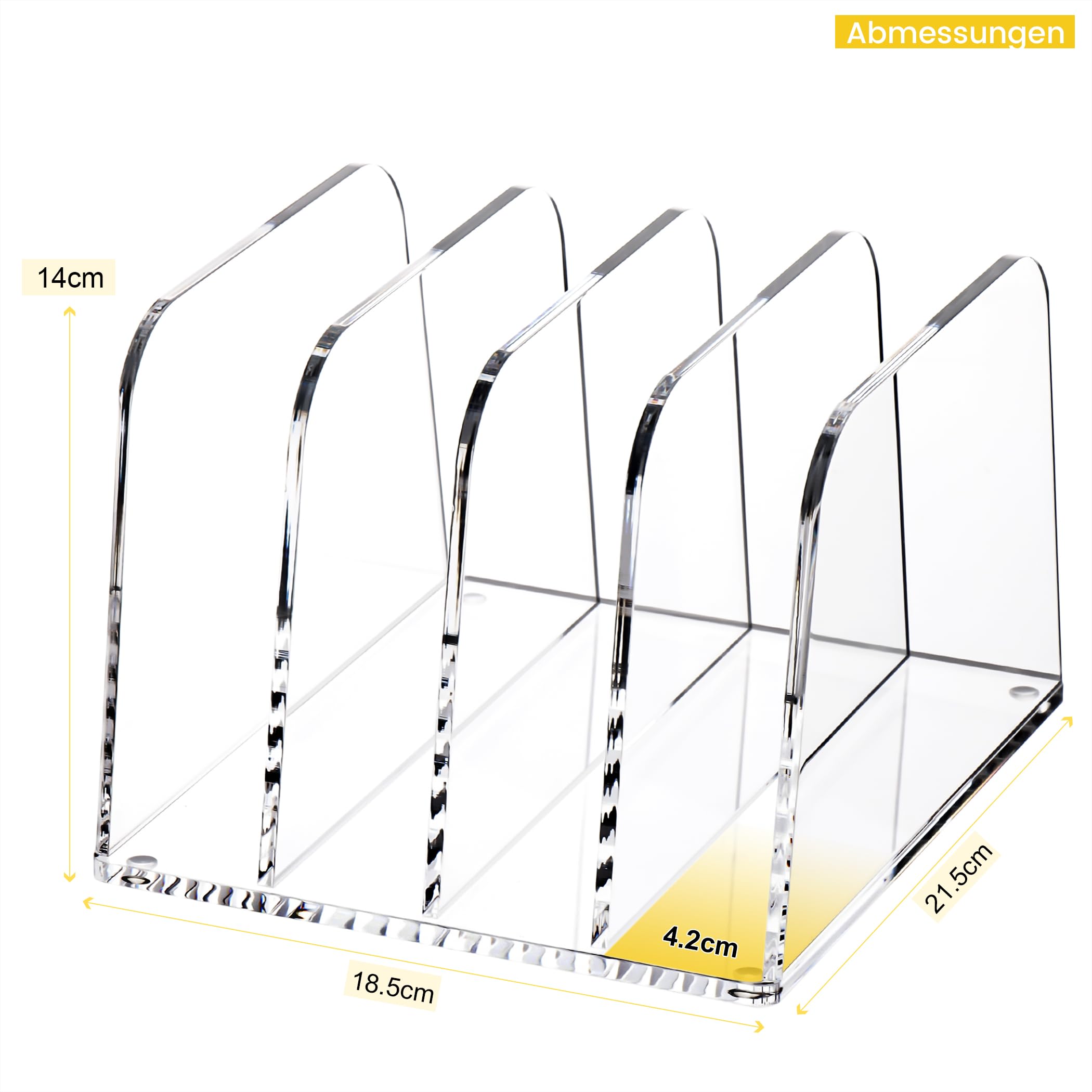 SANRUI Premium Acryl Briefständer & Schreibtisch Organizer (4 Fächer) – Vertikale Ablage für Post, Notizbücher (B5/A5) & Tablets, Transparenter Sortierer mit Silikonfüßen für Home-Office & Kosmetik
