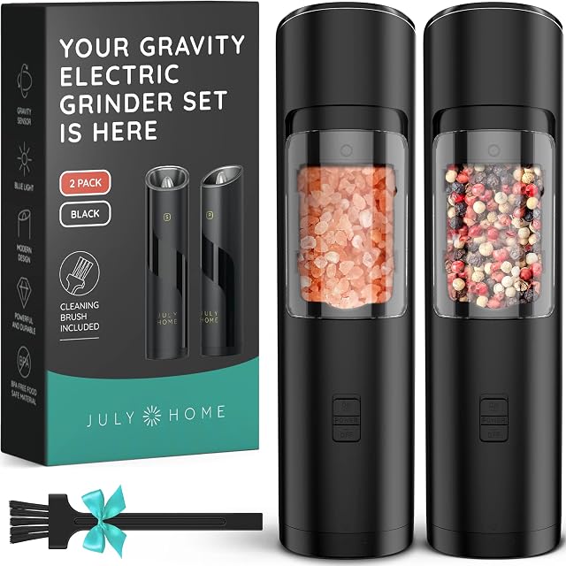Premium Gravity Electric Salt and Pepper Grinder Set, 2 Pack, Battery Operated, Adjustable Coarseness, One Hand Operation Electric Pepper Grinder LED Light & Cleaning Brush (Packaging may vary)