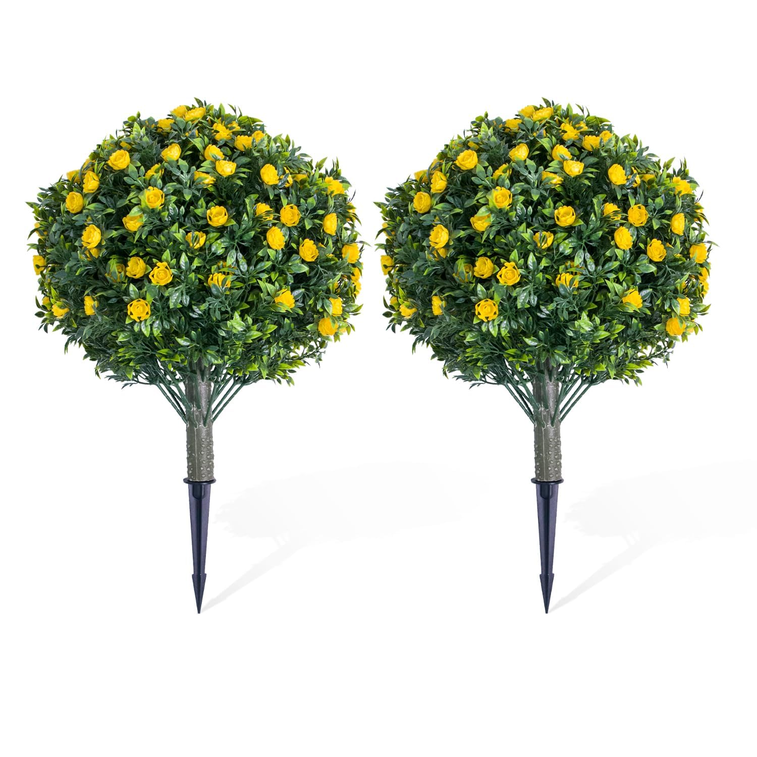 Lifelike Artificial Topiary Ball Trees Set of 2 – Golden Bloom Flowers, 23.6" PE Faux Shrubs with Ground Spike & Metal Stakes for Indoor/Outdoor Home Decor, 60x40cm