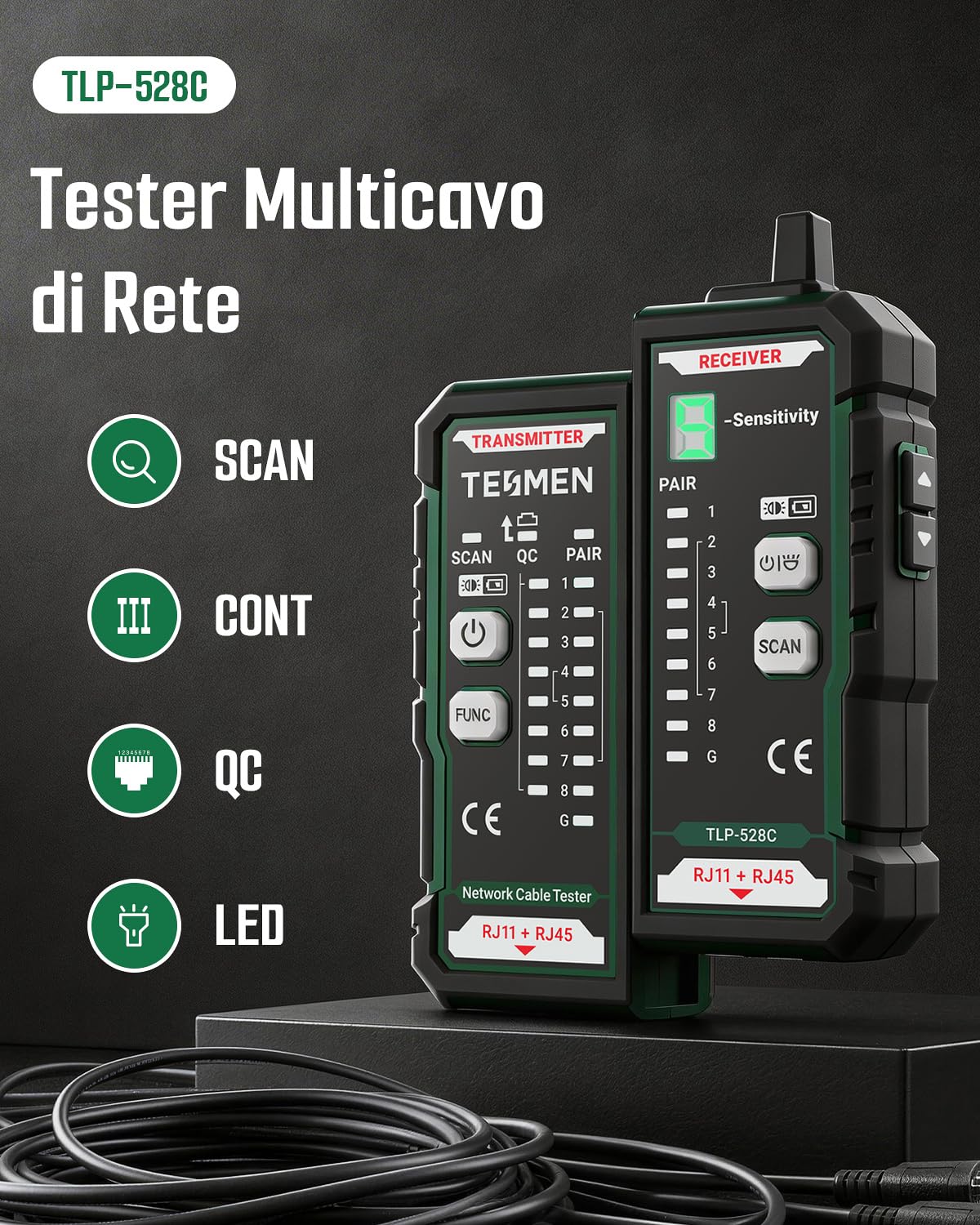 TESMEN TLP-528C Tester per cavi di rete, RJ11/RJ45, localizzatore Ethernet CAT5/CAT6 con test continuità & QC, rilevatore LAN e linee telefoniche, ideale per manutenzione cavi – Verde