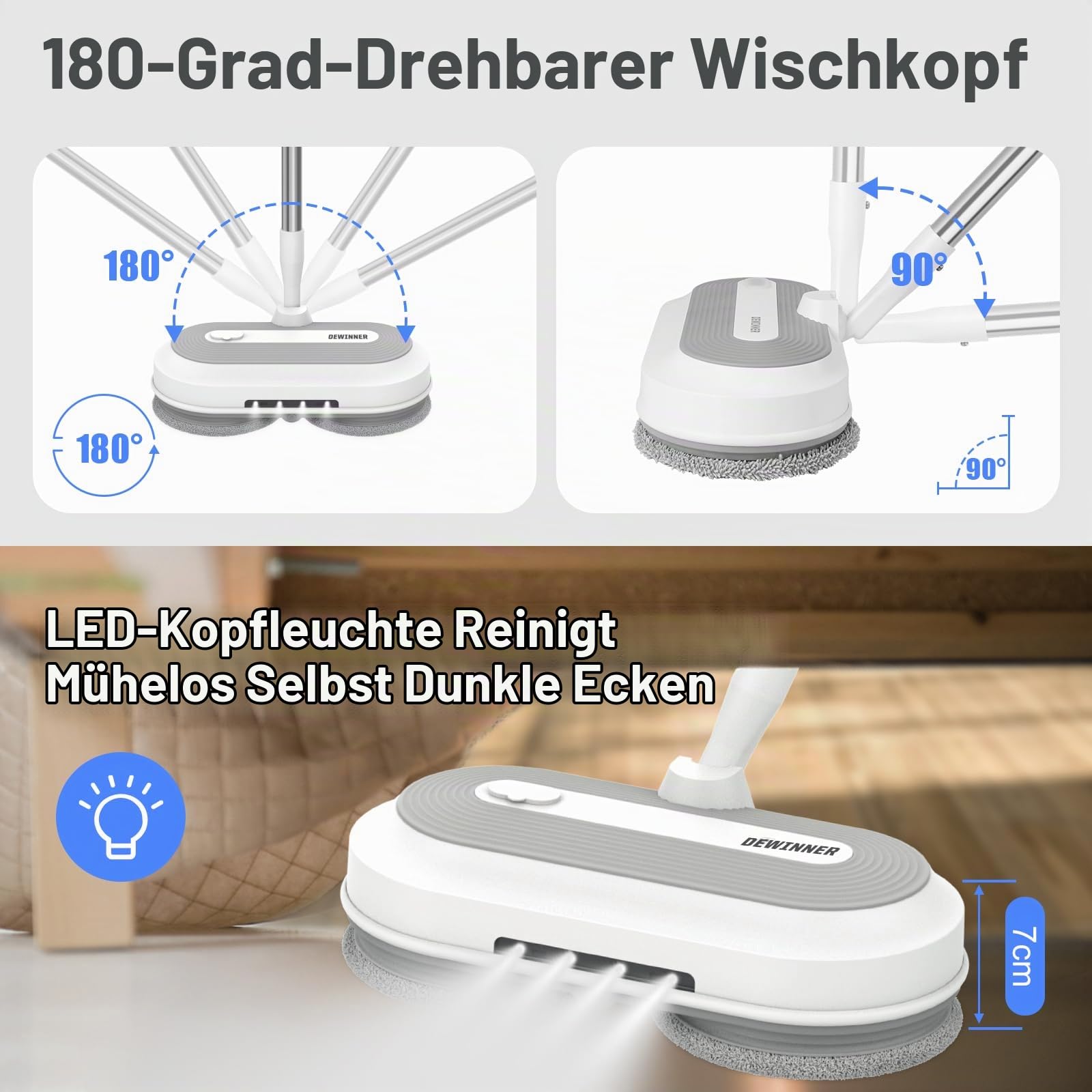 DEWINNER Kabelloser Wischmopp mit 2.0Ah Akku & 300ml Wassertank | Doppel-Rotationssystem (150 U/min) | LED-Arbeitslicht | Höhenverstellbar | Für Böden & Terrassen