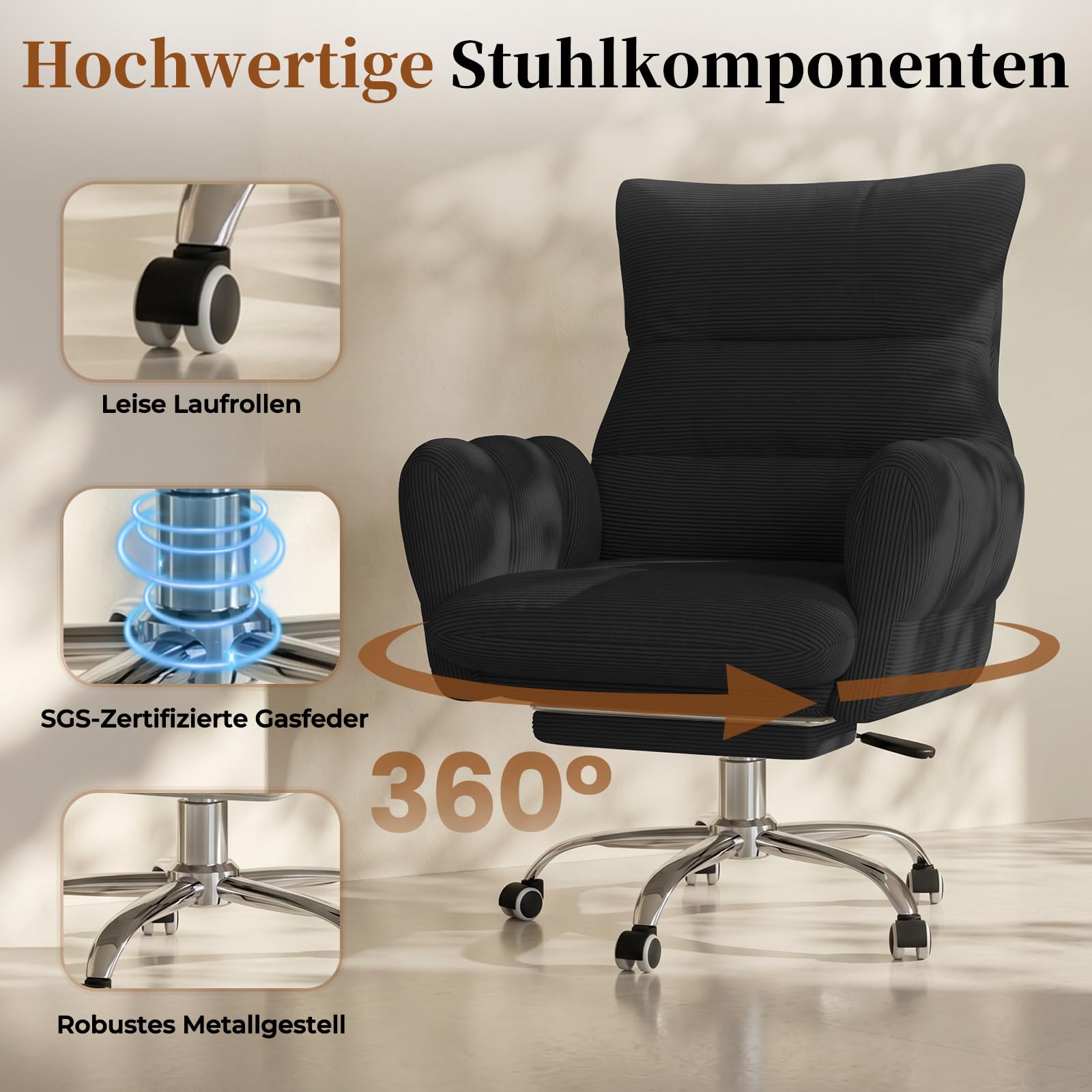 HOMRELEXA Bürostuhl, Schreibtischstuhl mit Fußstütze, klappbaren Armlehnen, 90°–135° Verstellbarer Rückenlehne, extra breiter 60-cm-Sitzfläche für Schneidersitz, ergonomischer Gamingstuhl, Schwarz | Klappbaren Armlehnen, Ausziehbarer Fußstütze, 90°–135° V