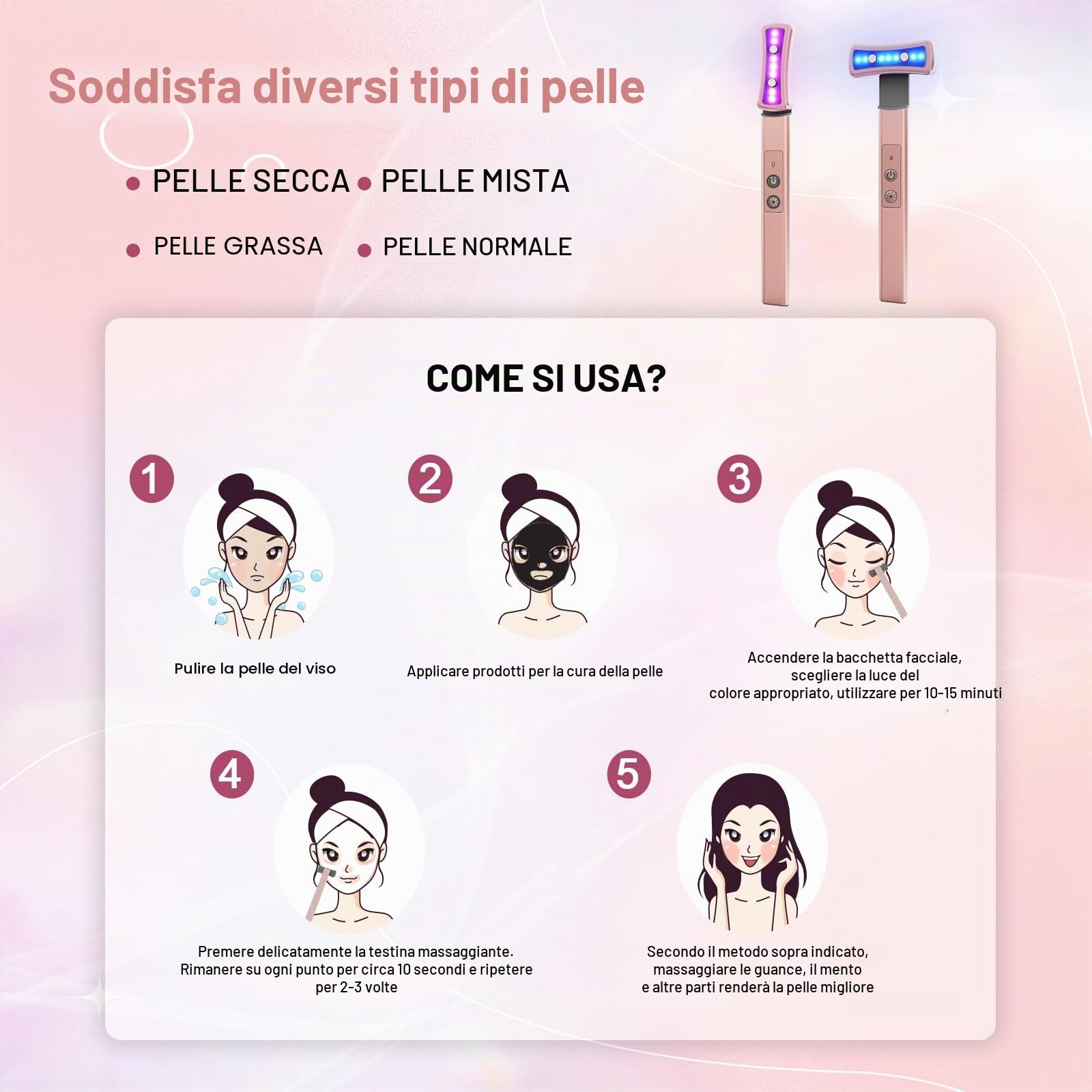 Terapia a luce rossa per viso, 6 in 1, attrezzatura per la terapia della luce a LED per la pelle, bacchetta per il viso con massaggiatore facciale, bacchetta per la cura della pelle, vibrazione
