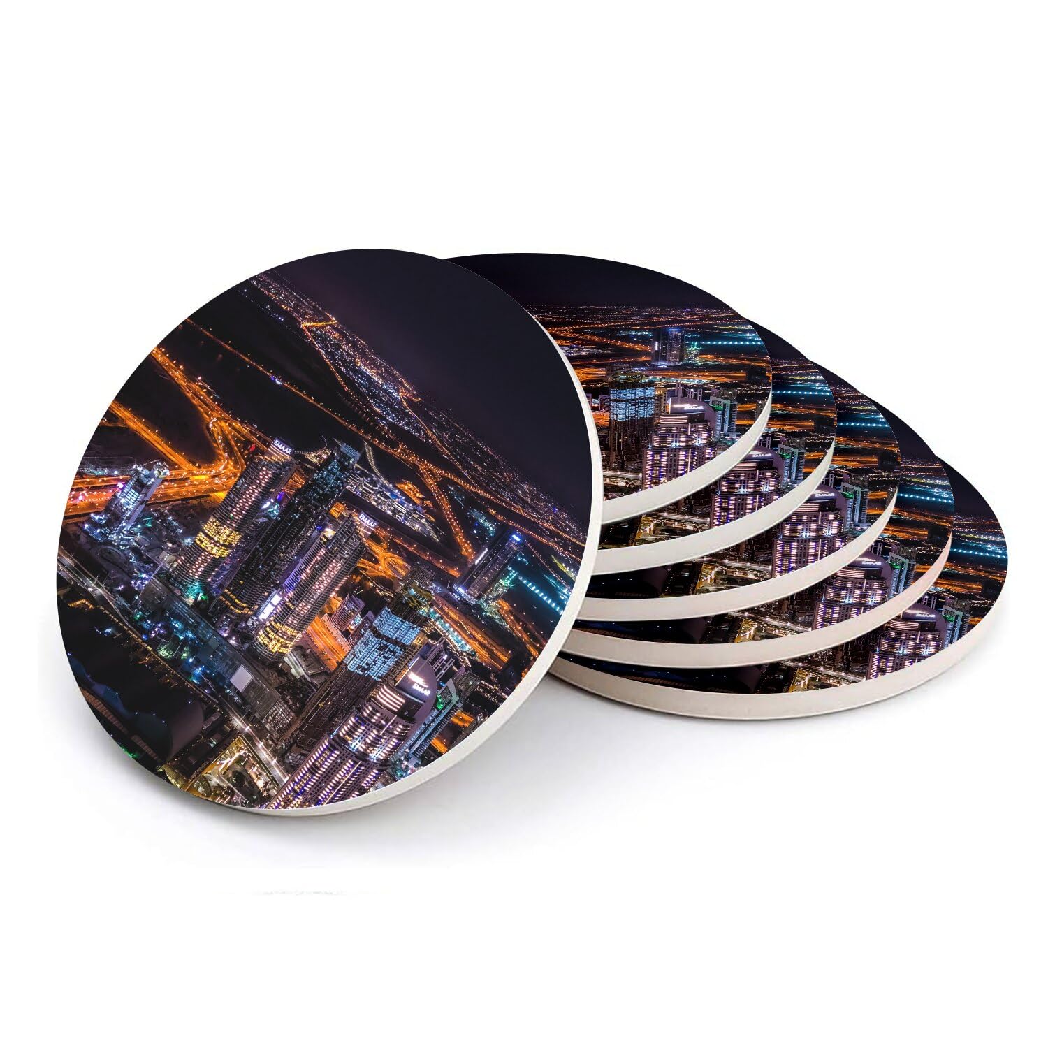 Sous-verre ronds en céramique Dubai La Nuit paysage urbain lot de 6