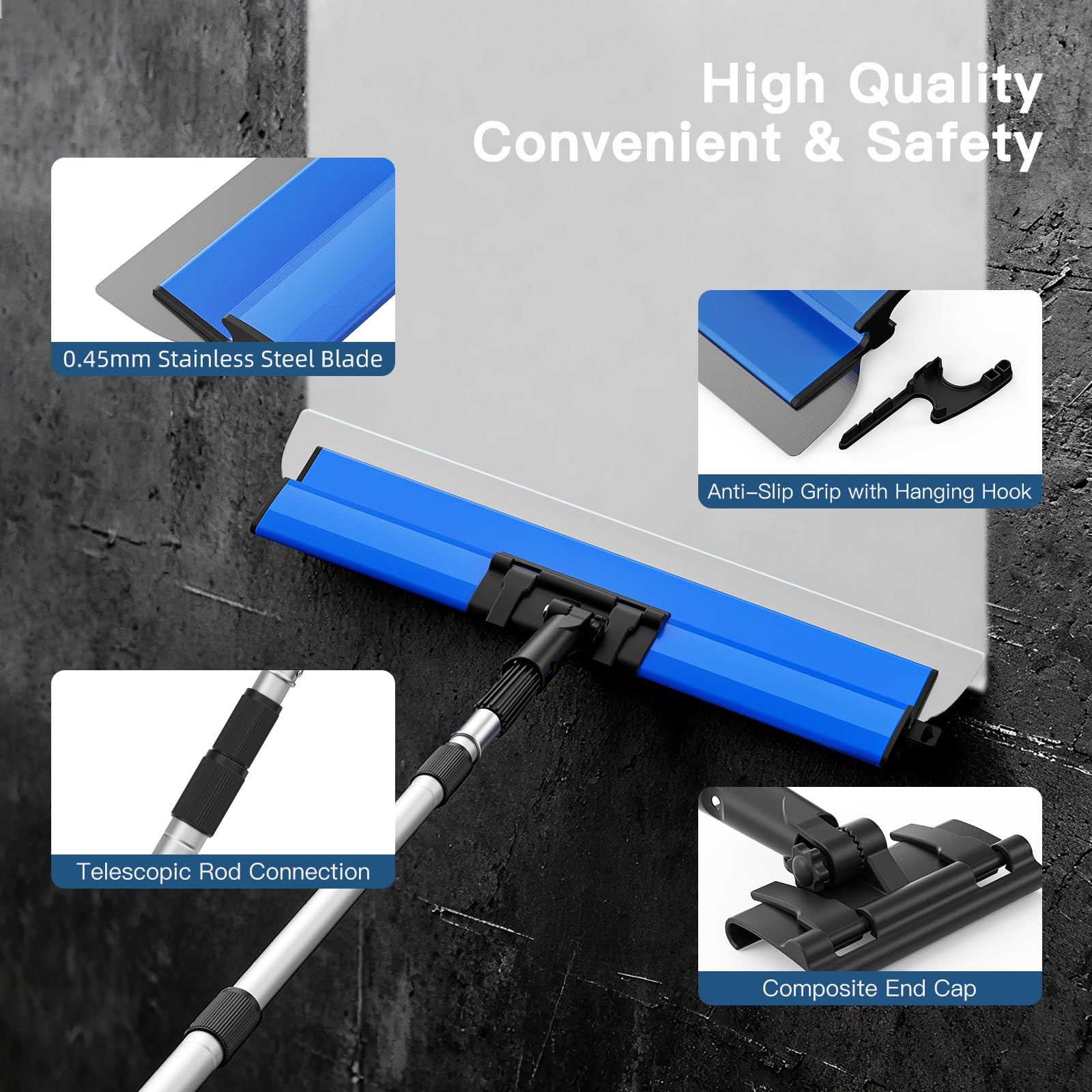 Juego de espátulas de superficie 25 cm, 60 cm y 80 cm, mango de extensión de 76 cm a 160 cm, cuchillo de construcción de acero inoxidable (Conjunto azul)